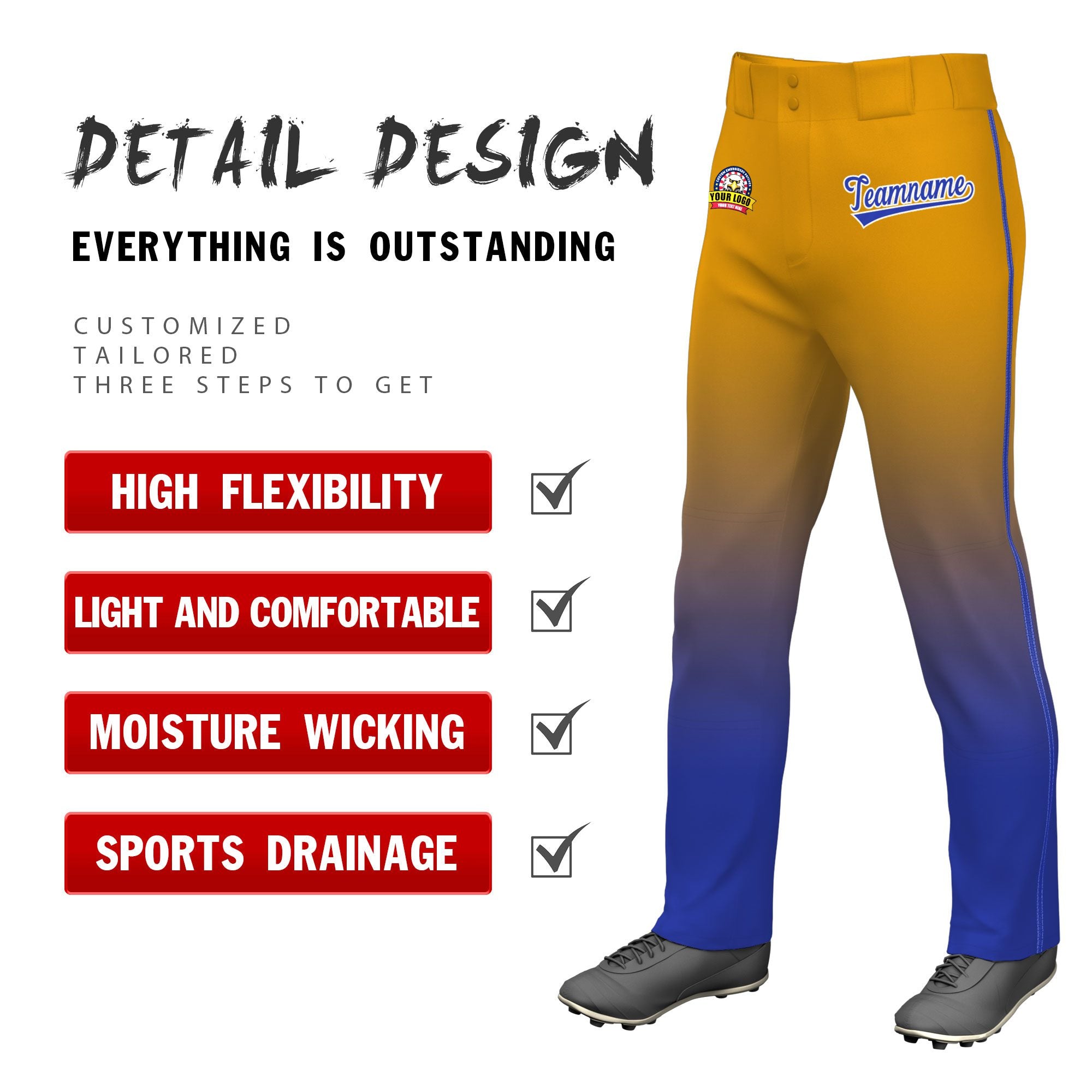 Custom Yellow Royal Blue Gradient Fit Stretch Practice Loose-fit Baseball Pants