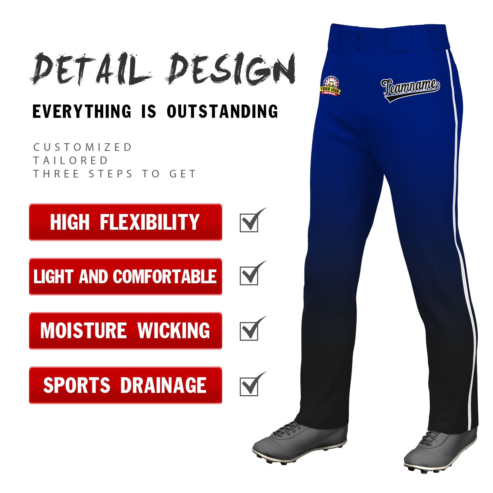 Custom Royal Blue Black Gradient Fit Stretch Practice Loose-fit Baseball Pants