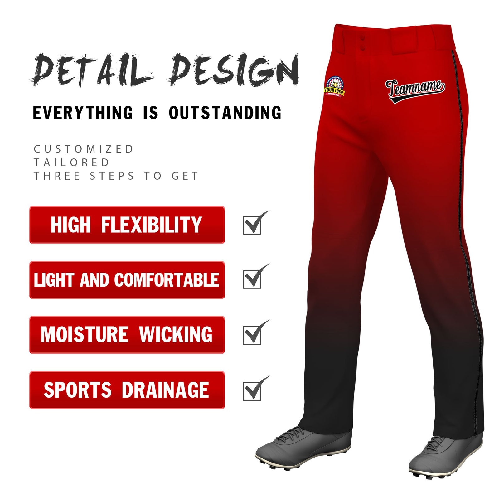 Custom Red Black Gradient Fit Stretch Practice Loose-fit Baseball Pants