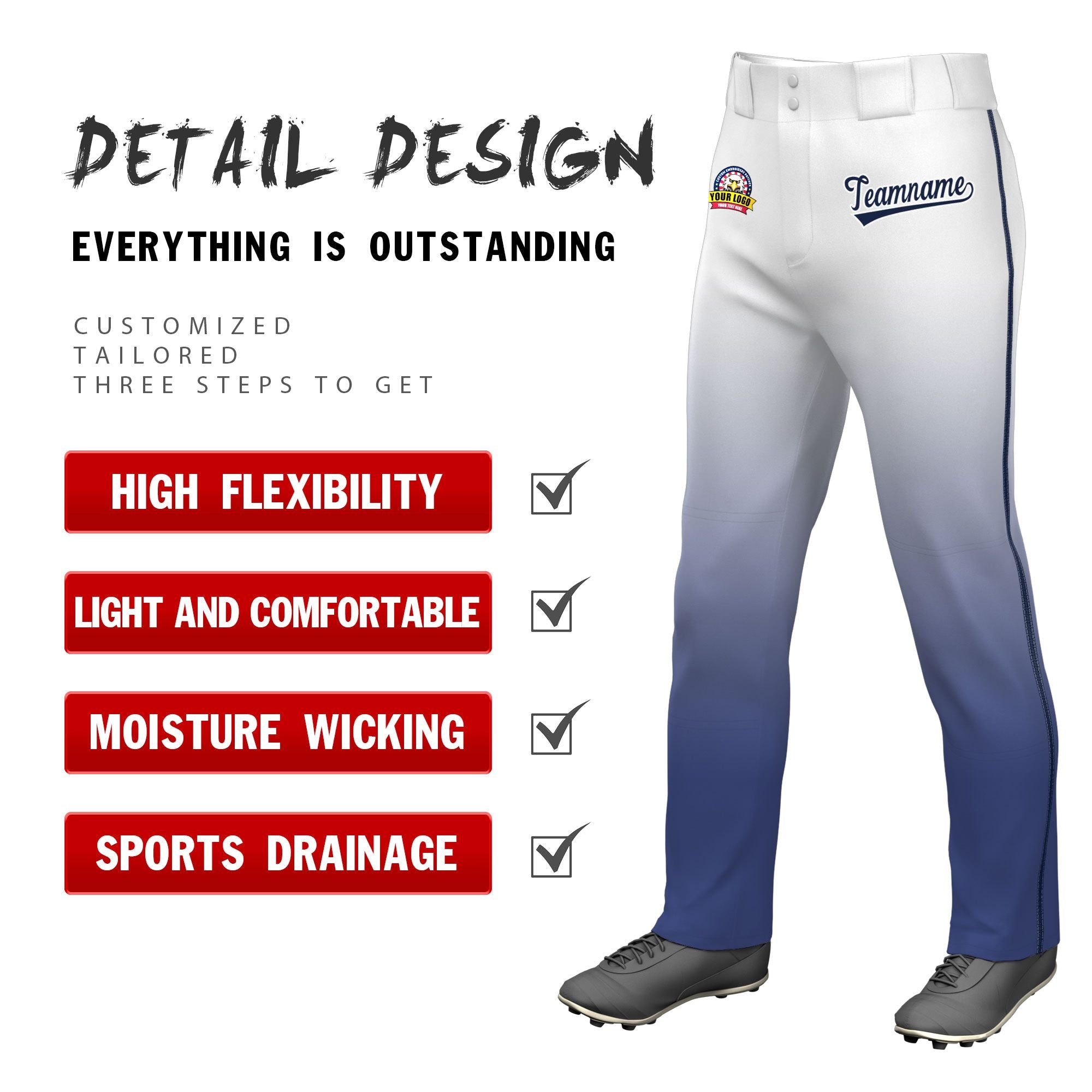 Custom White Blue Gradient Fit Stretch Practice Loose-fit Baseball Pants