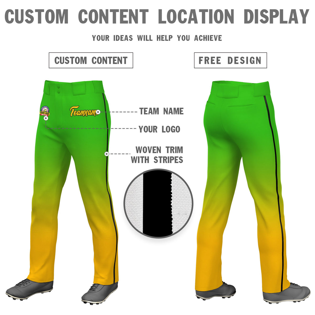 Custom Green Yellow Gradient Fit Stretch Practice Loose-fit Baseball Pants