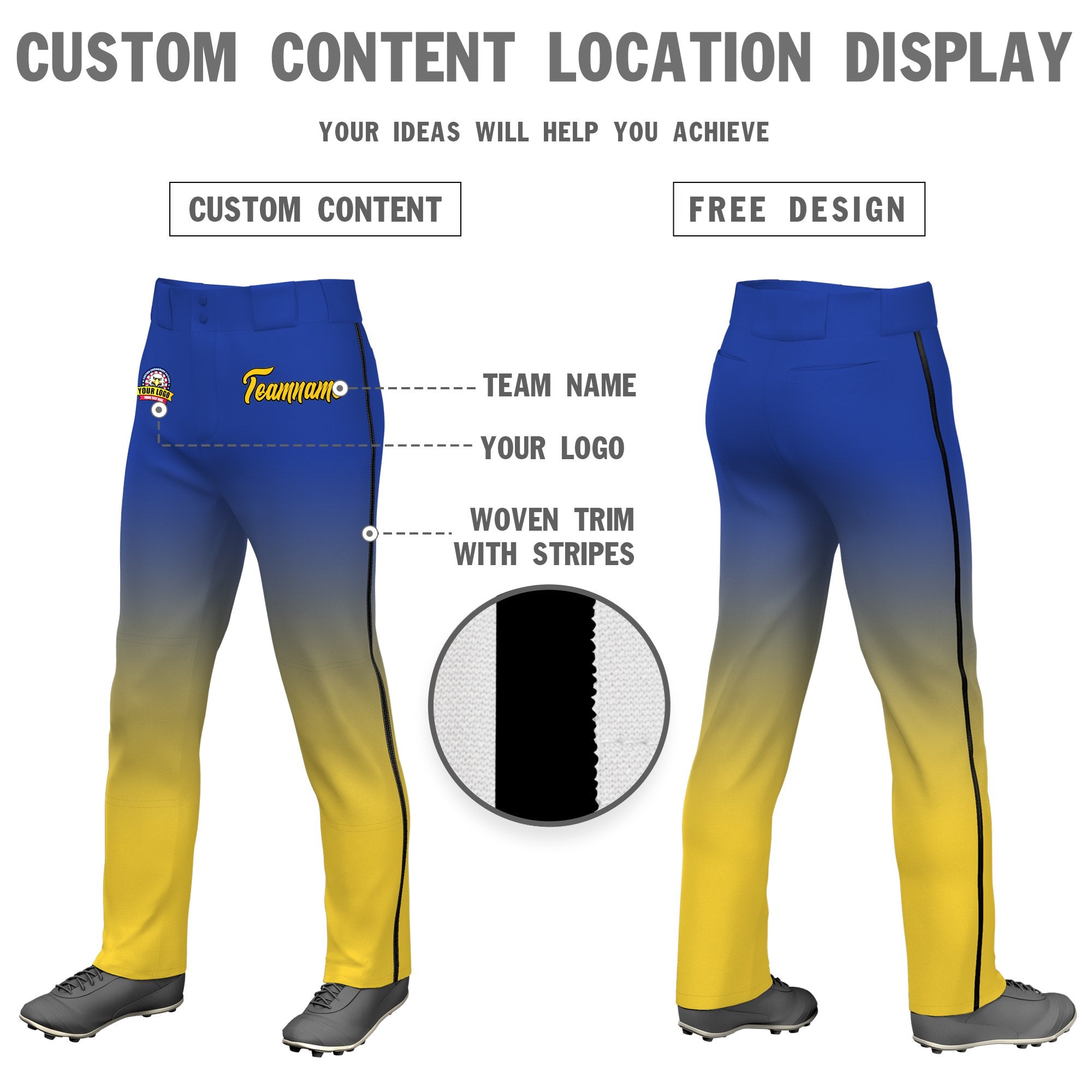 Custom Royal Blue Yellow Gradient Fit Stretch Practice Loose-fit Baseball Pants