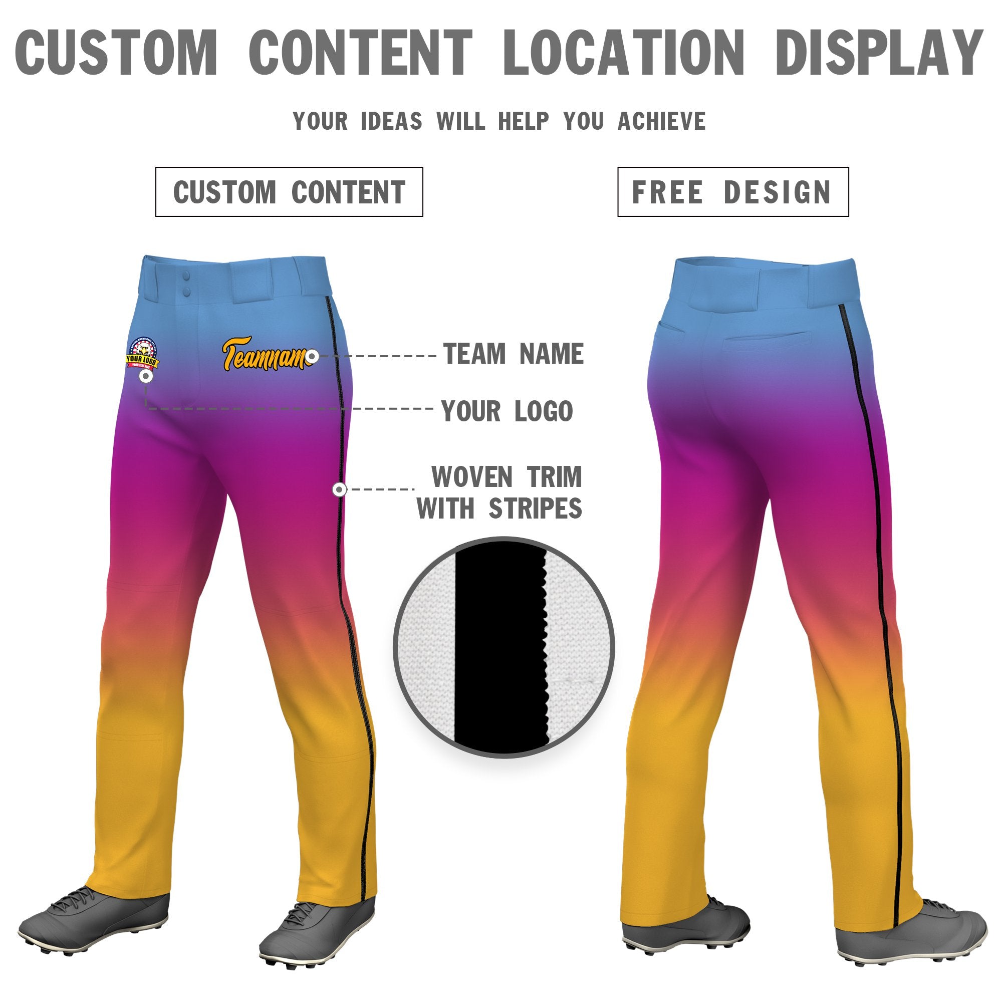 Custom Light Blue Purple Pink-Yellow Gradient Fit Stretch Practice Loose-fit Baseball Pants