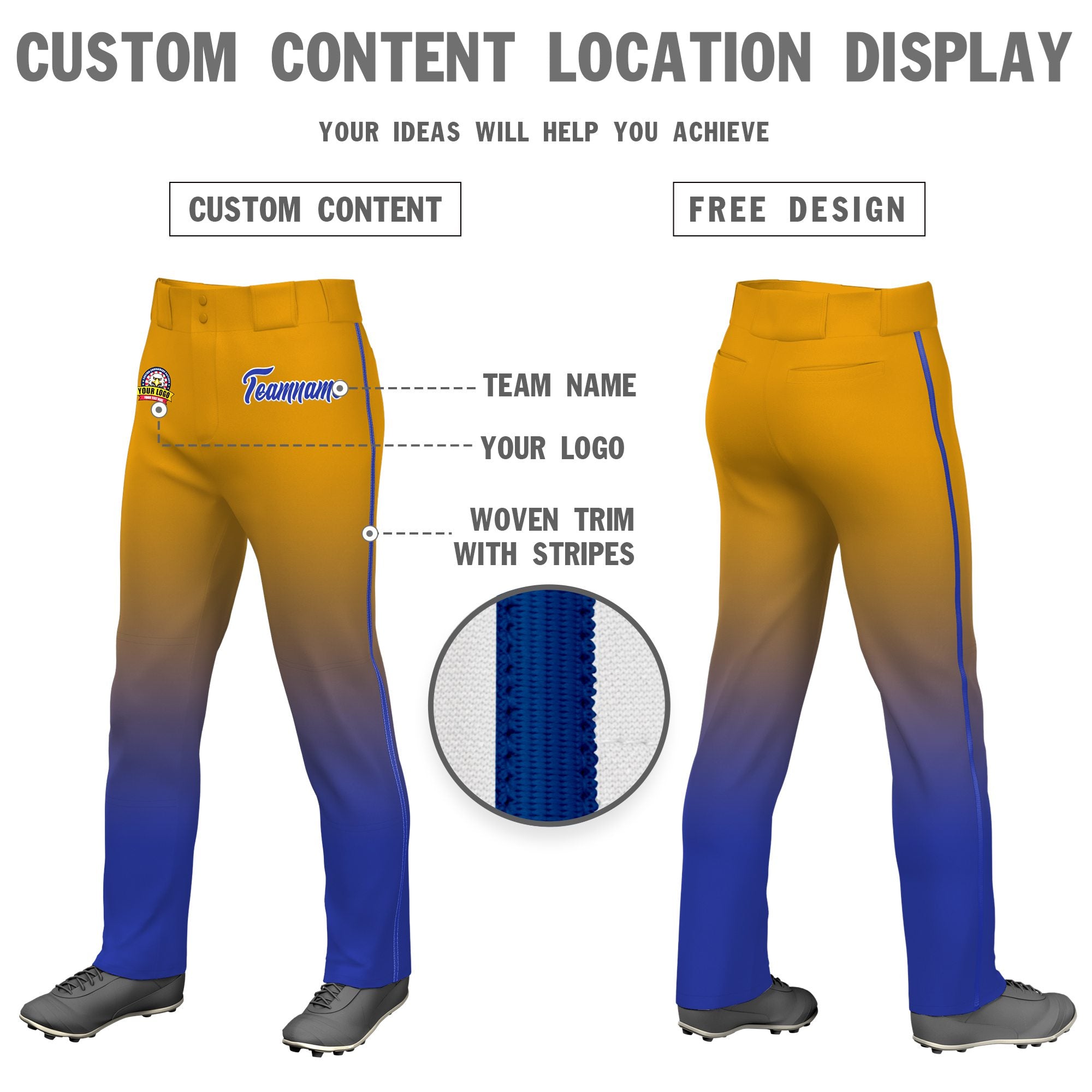 Custom Yellow Royal Blue Gradient Fit Stretch Practice Loose-fit Baseball Pants