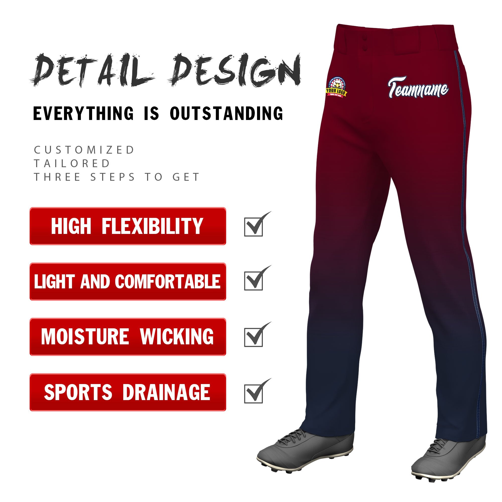 Custom Crimson Navy Gradient Fit Stretch Practice Loose-fit Baseball Pants