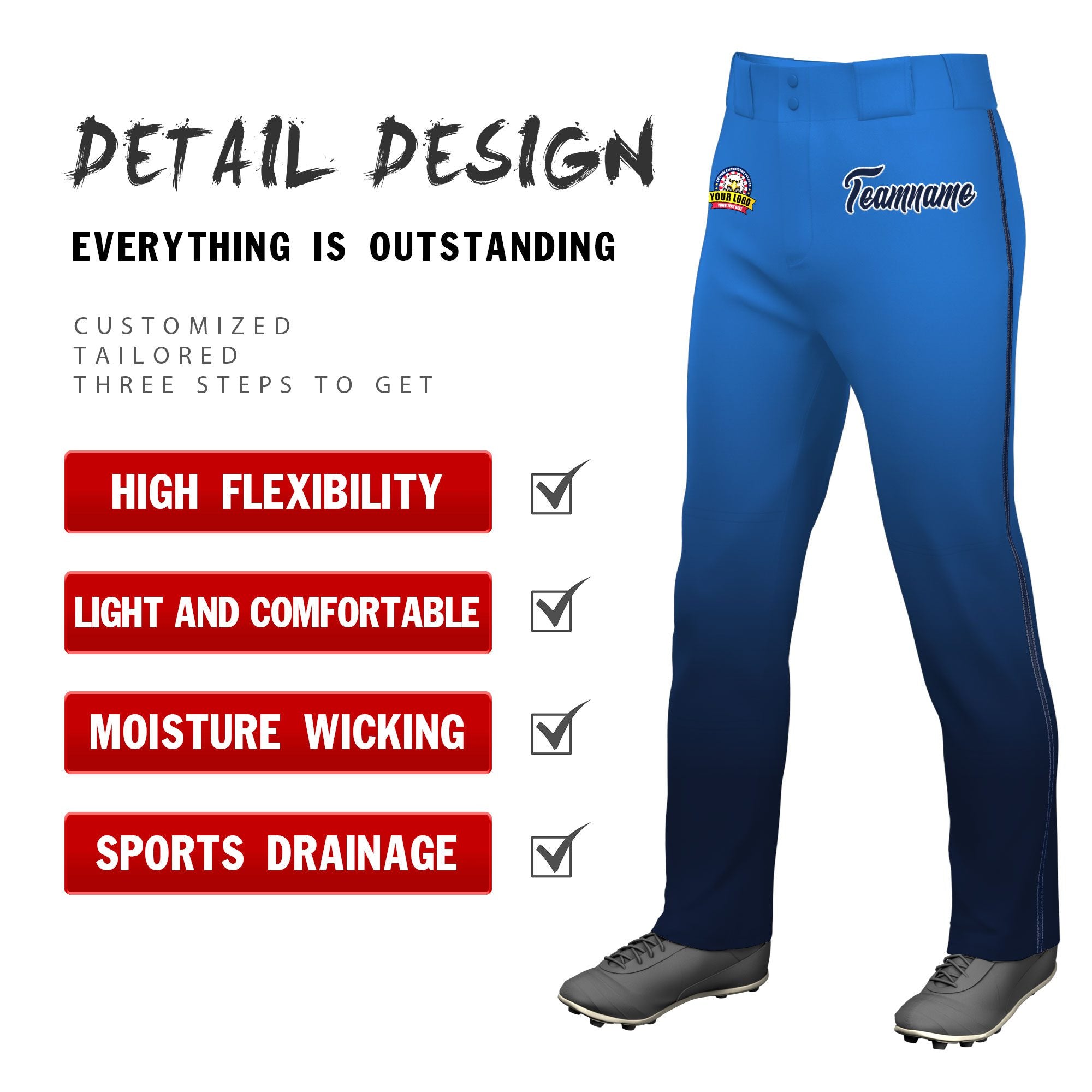 Custom Powder Blue Navy Gradient Fit Stretch Practice Loose-fit Baseball Pants