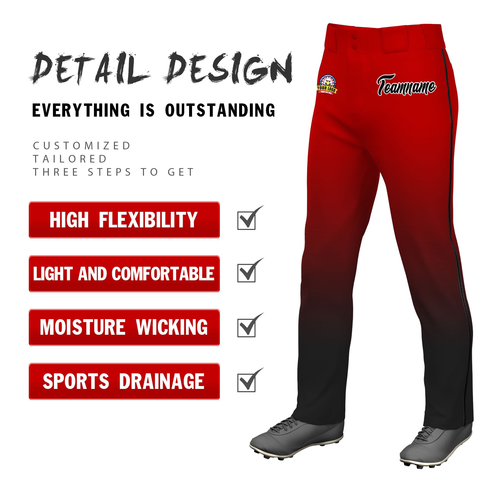 Custom Red Black Gradient Fit Stretch Practice Loose-fit Baseball Pants