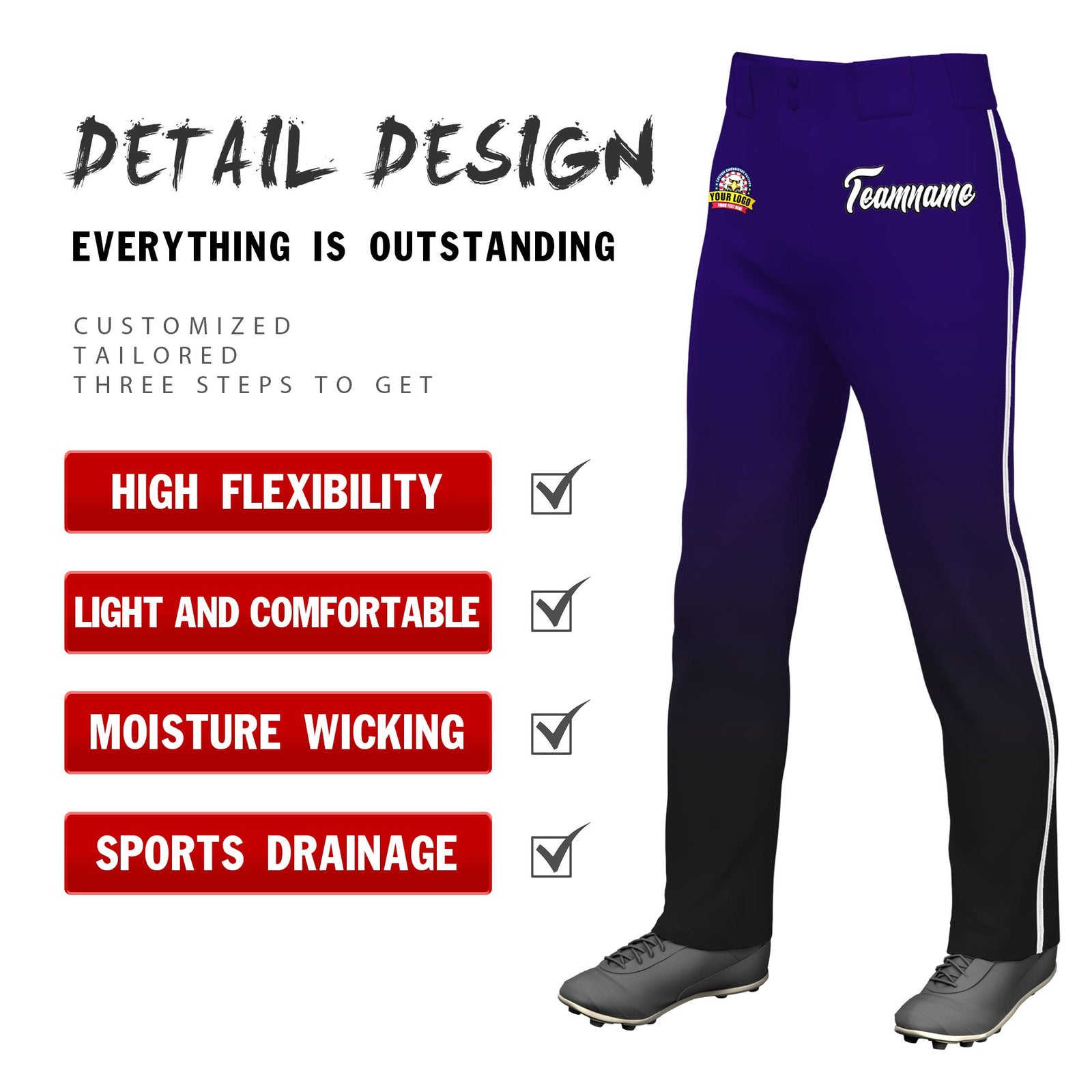 Custom Purple Black Gradient Fit Stretch Practice Loose-fit Baseball Pants