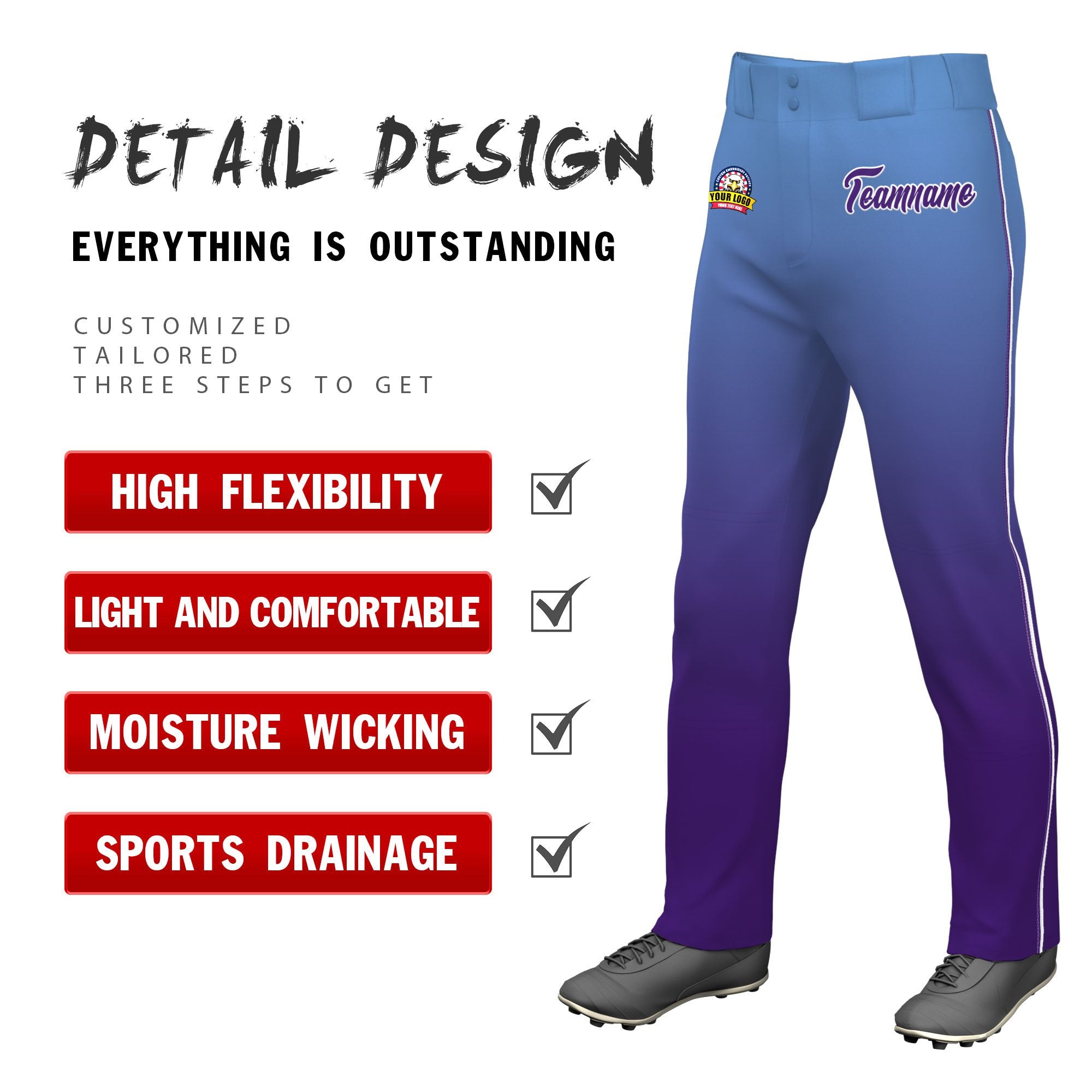 Custom Light Blue Purple Gradient Fit Stretch Practice Loose-fit Baseball Pants