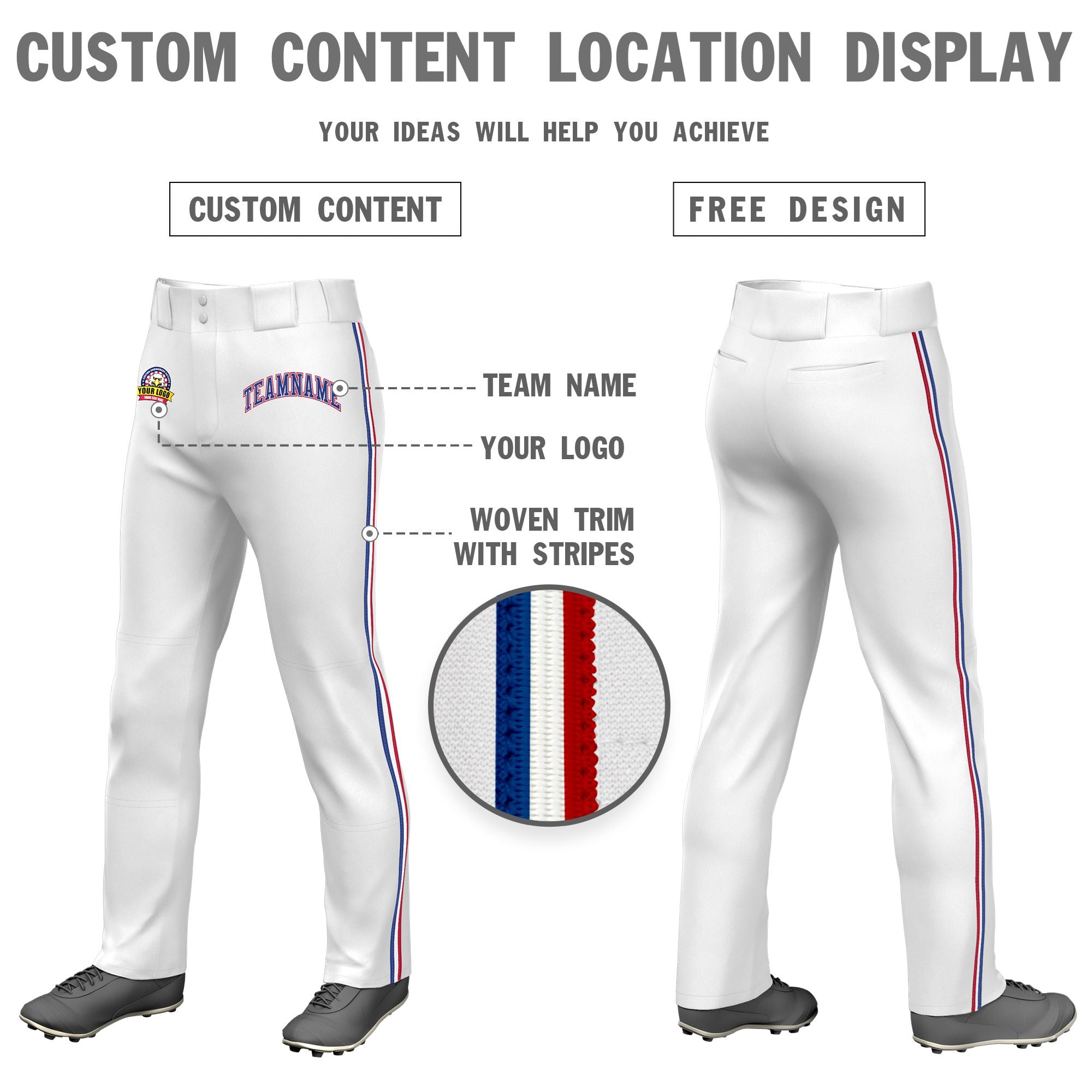 Custom White Royal Blue White-Red Classic Fit Stretch Practice Loose-fit Baseball Pants