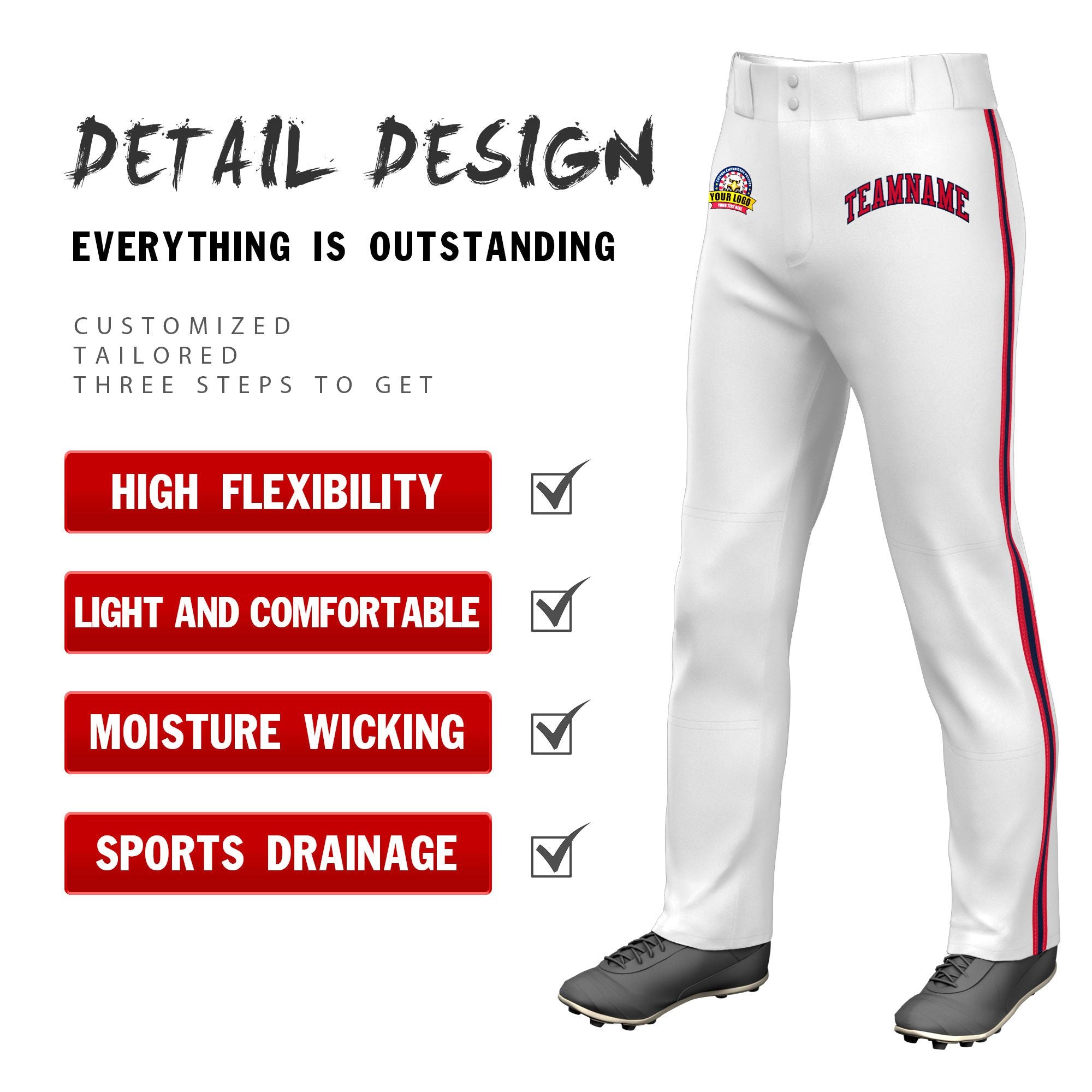 Custom White Red Navy-Red Classic Fit Stretch Practice Loose-fit Baseball Pants