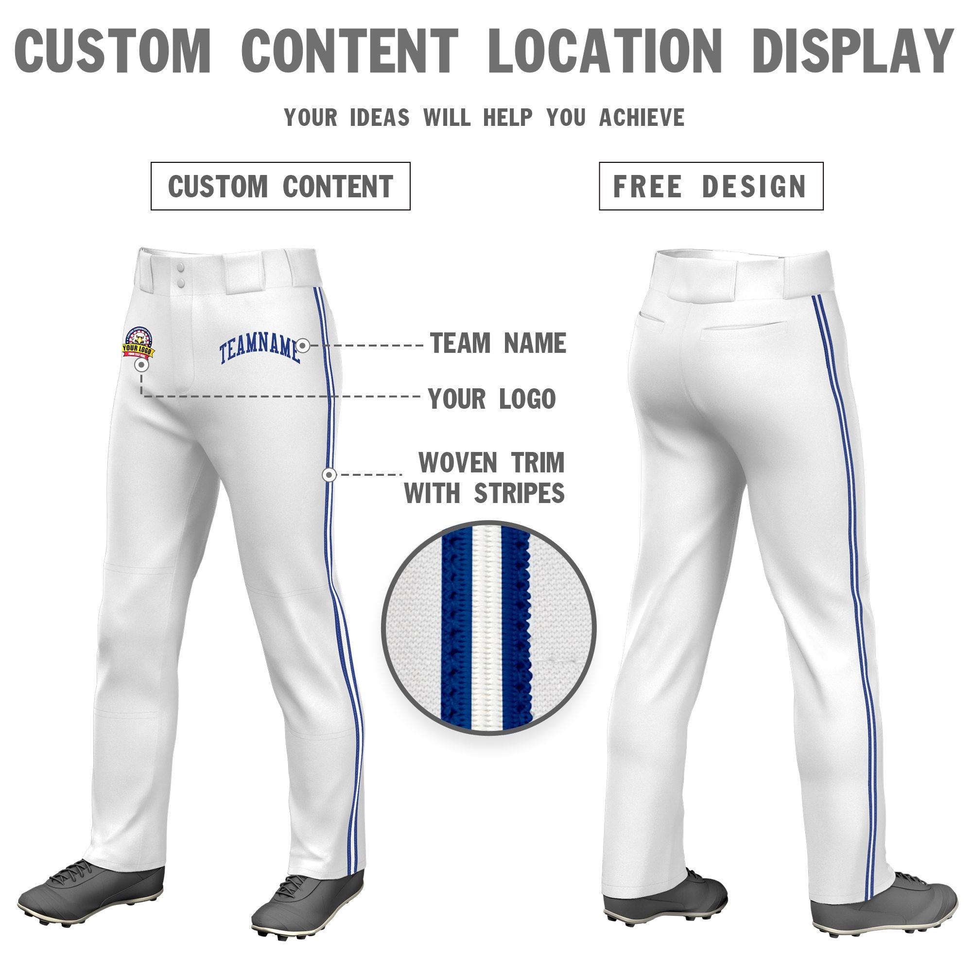 Custom White Royal Blue White-Royal Blue Classic Fit Stretch Practice Loose-fit Baseball Pants