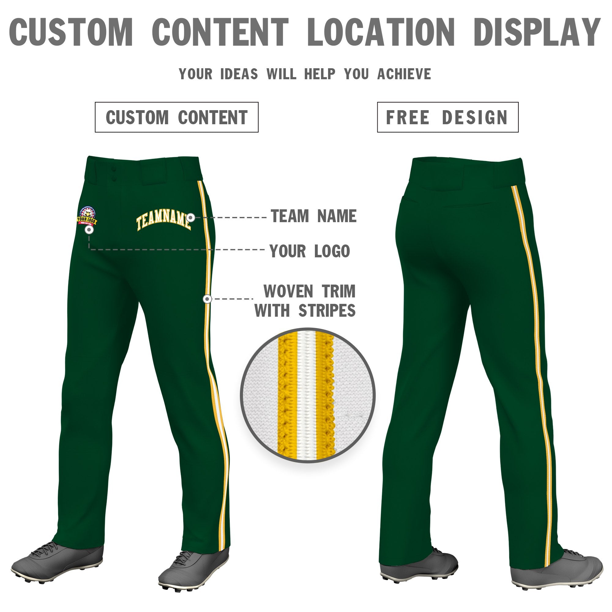 Custom Green Gold01 White-Gold01 Classic Fit Stretch Practice Loose-fit Baseball Pants