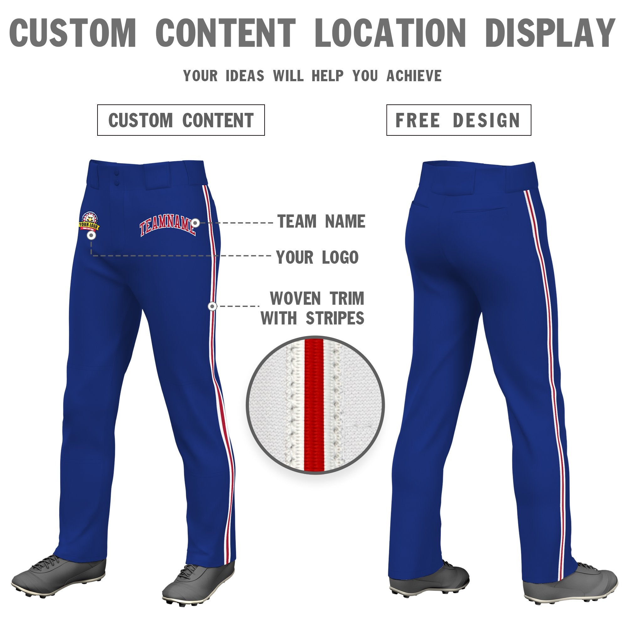 Custom Royal Blue White Red-White Classic Fit Stretch Practice Loose-fit Baseball Pants