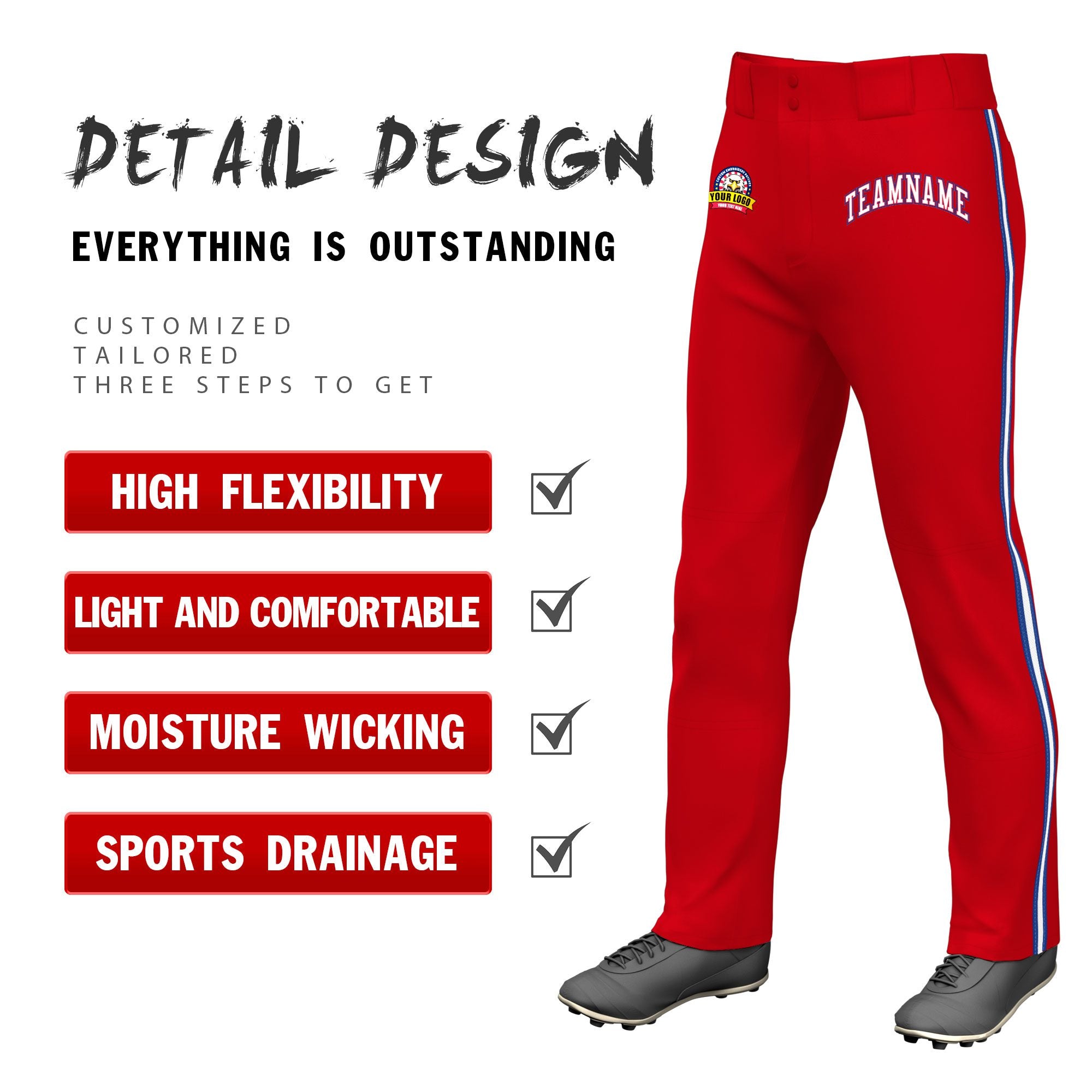 Custom Red Royal Blue White-Royal Blue Classic Fit Stretch Practice Loose-fit Baseball Pants