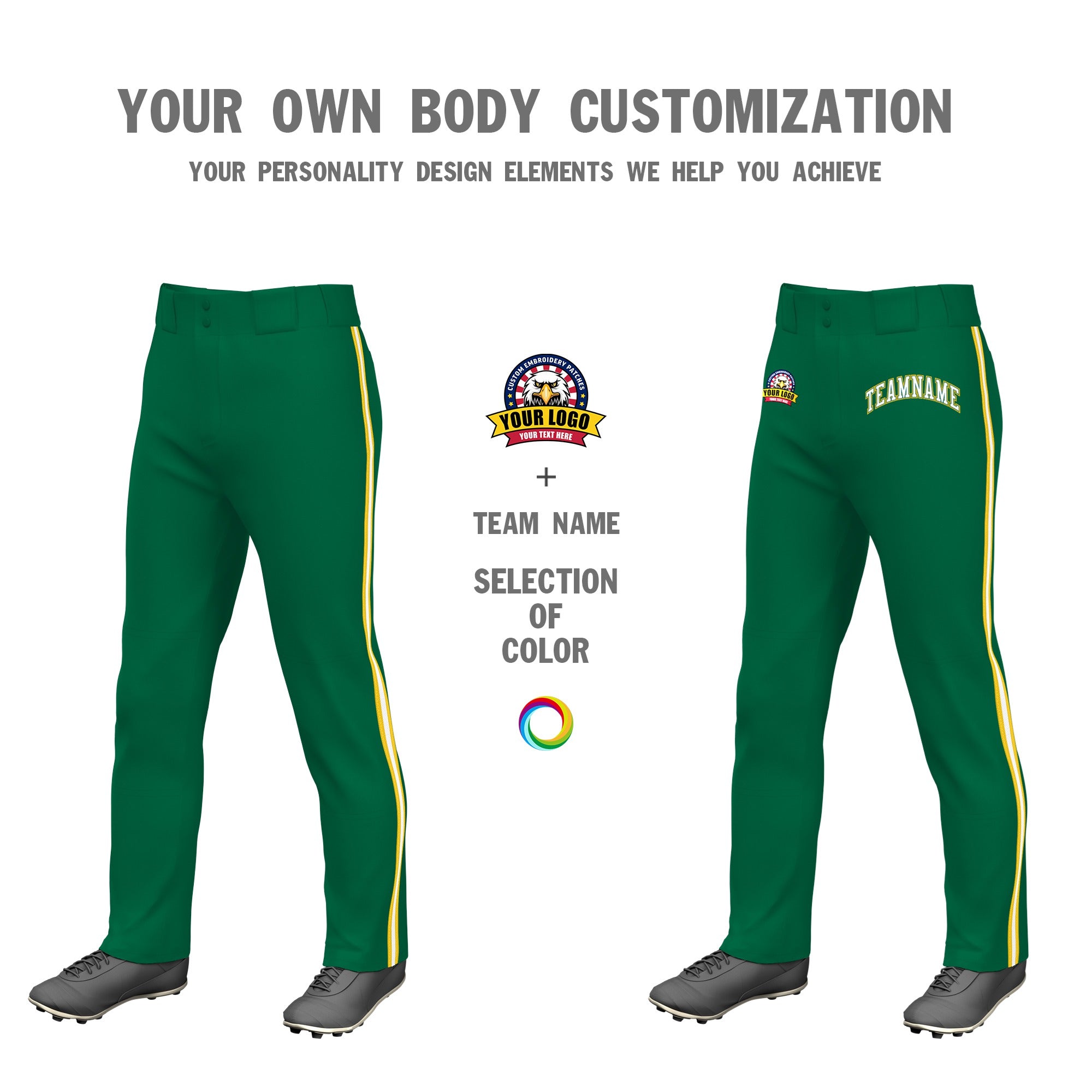 Custom Kelly Green Gold01 White-Gold01 Classic Fit Stretch Practice Loose-fit Baseball Pants