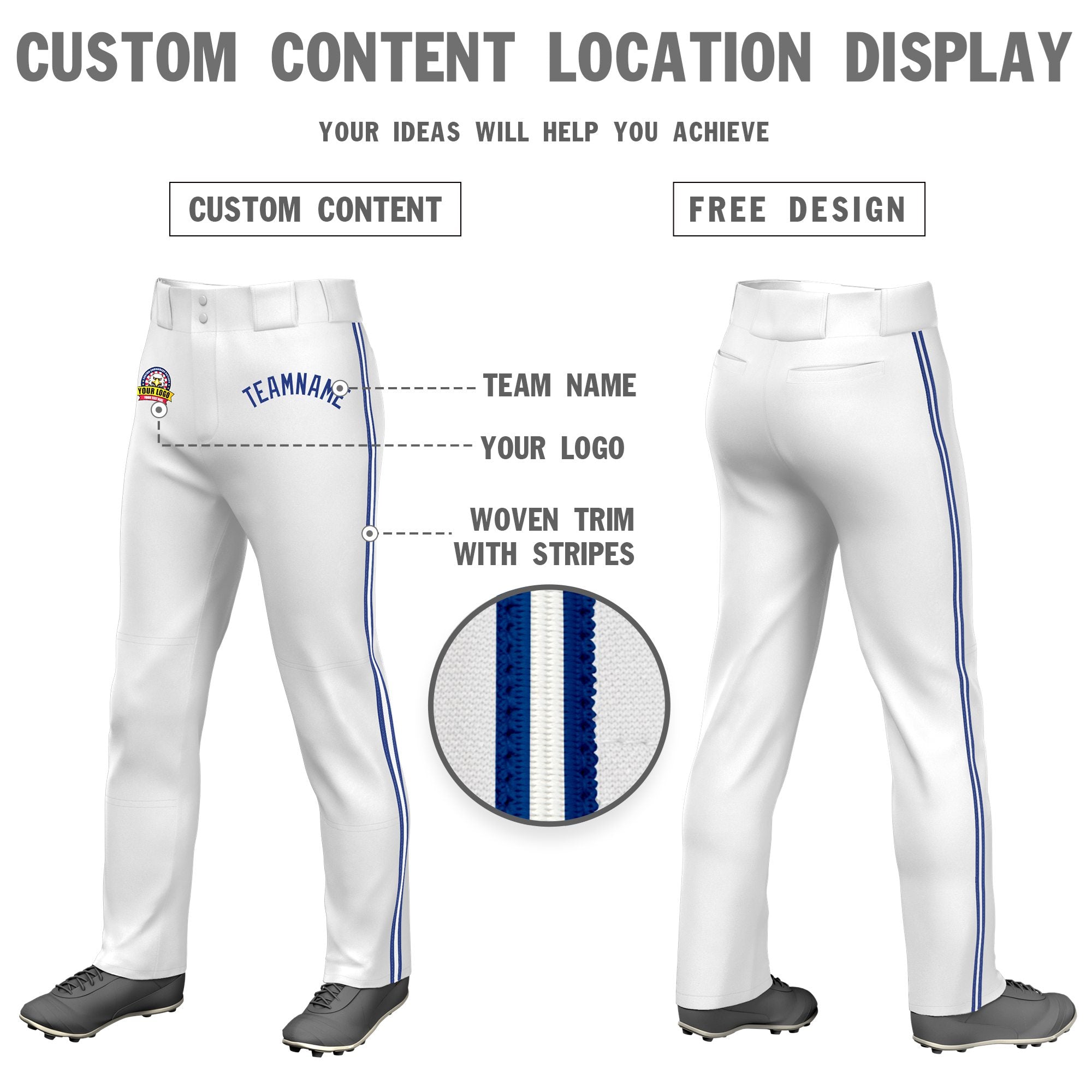 Custom White Royal Blue White-Royal Blue Classic Fit Stretch Practice Loose-fit Baseball Pants