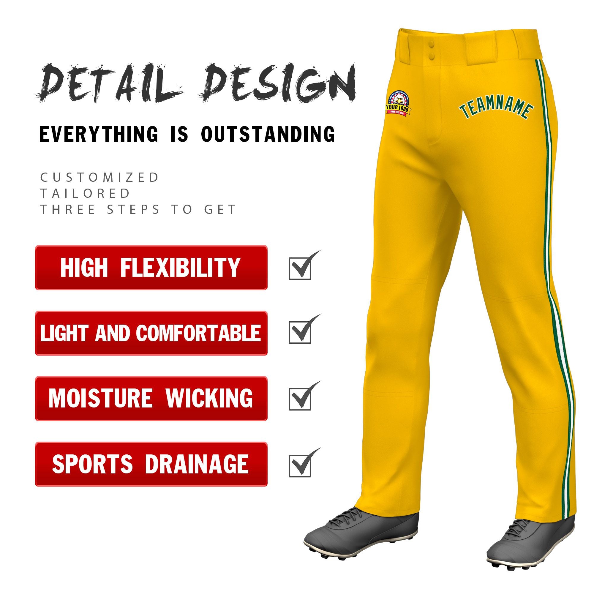 Custom Gold01 Green White-Green Classic Fit Stretch Practice Loose-fit Baseball Pants