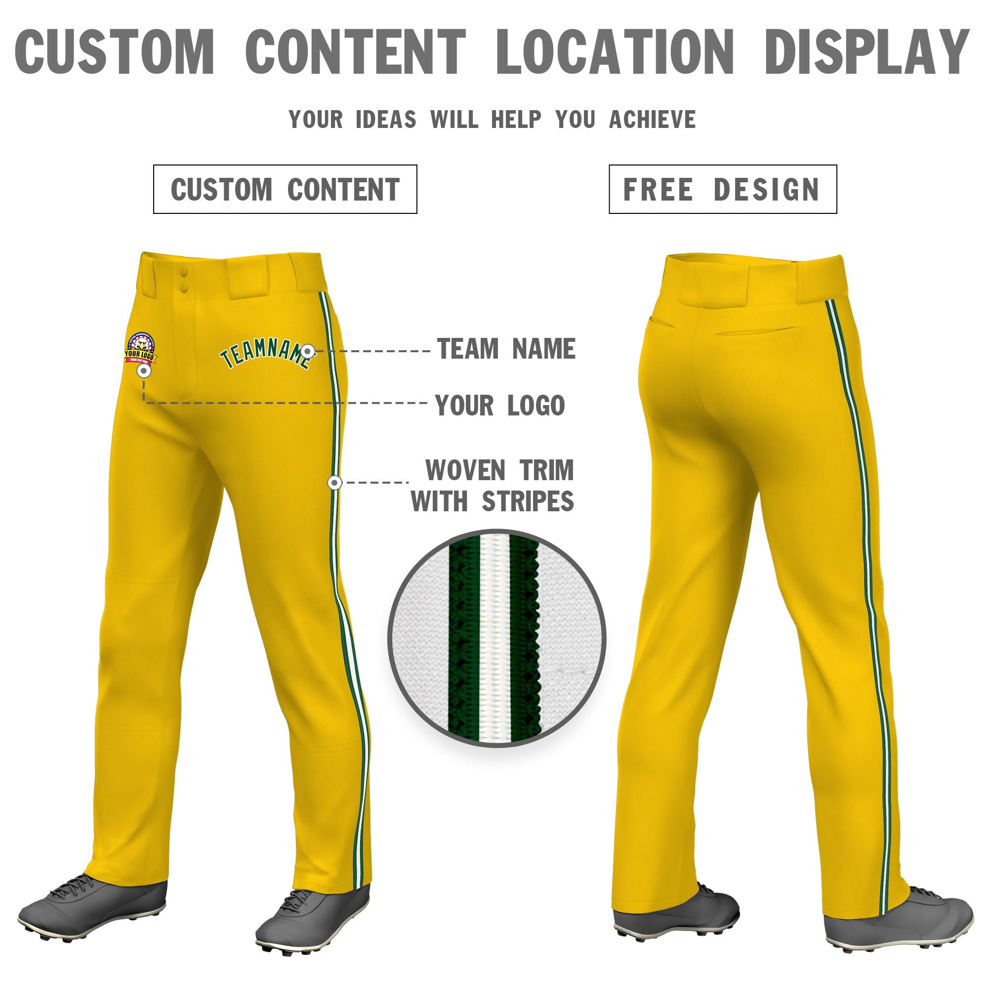 Custom Gold01 Green White-Green Classic Fit Stretch Practice Loose-fit Baseball Pants