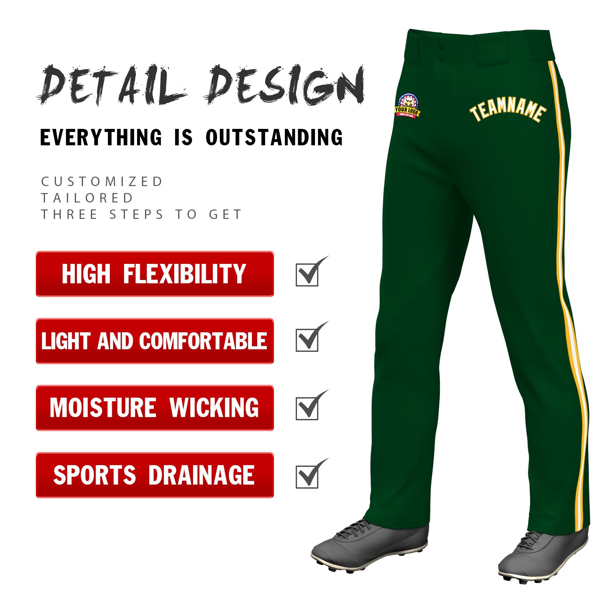 Custom Green Gold01 White-Gold01 Classic Fit Stretch Practice Loose-fit Baseball Pants