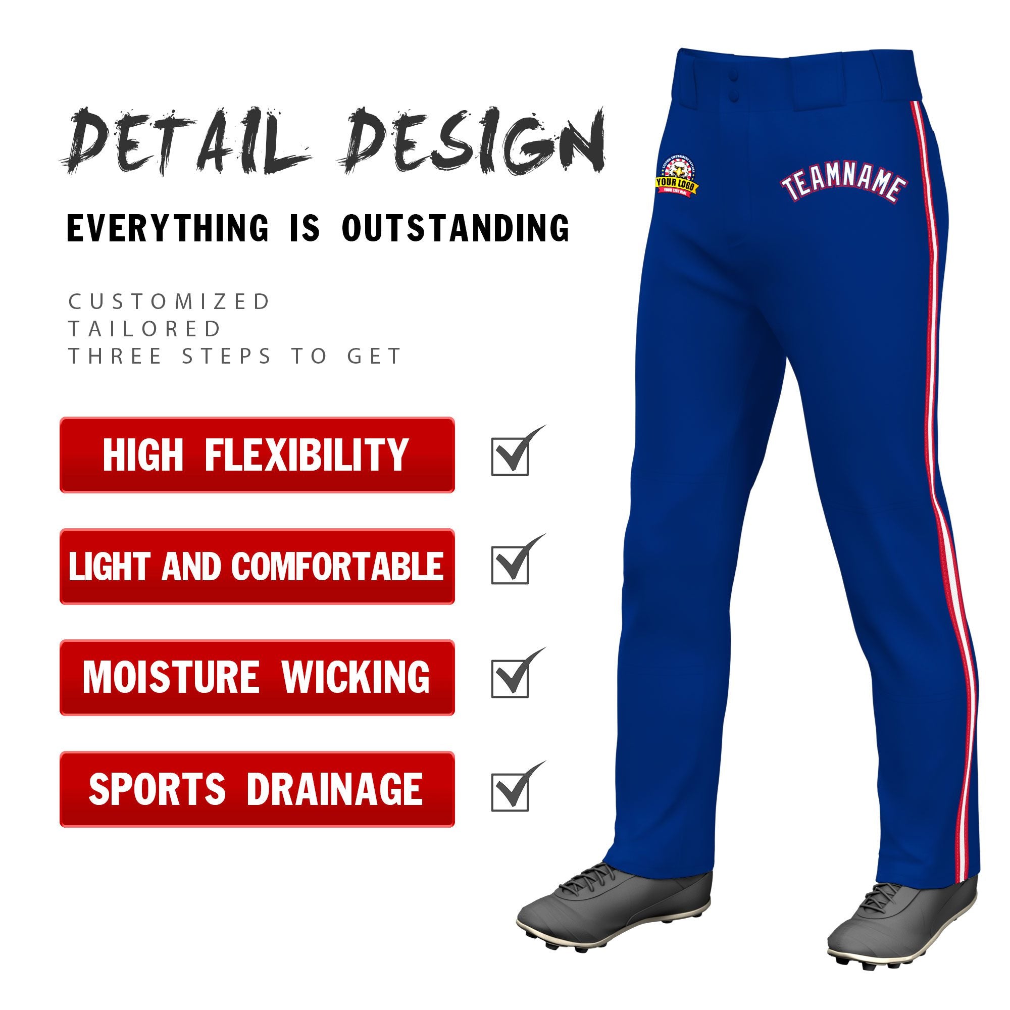 Custom Royal Blue Red White-Red Classic Fit Stretch Practice Loose-fit Baseball Pants