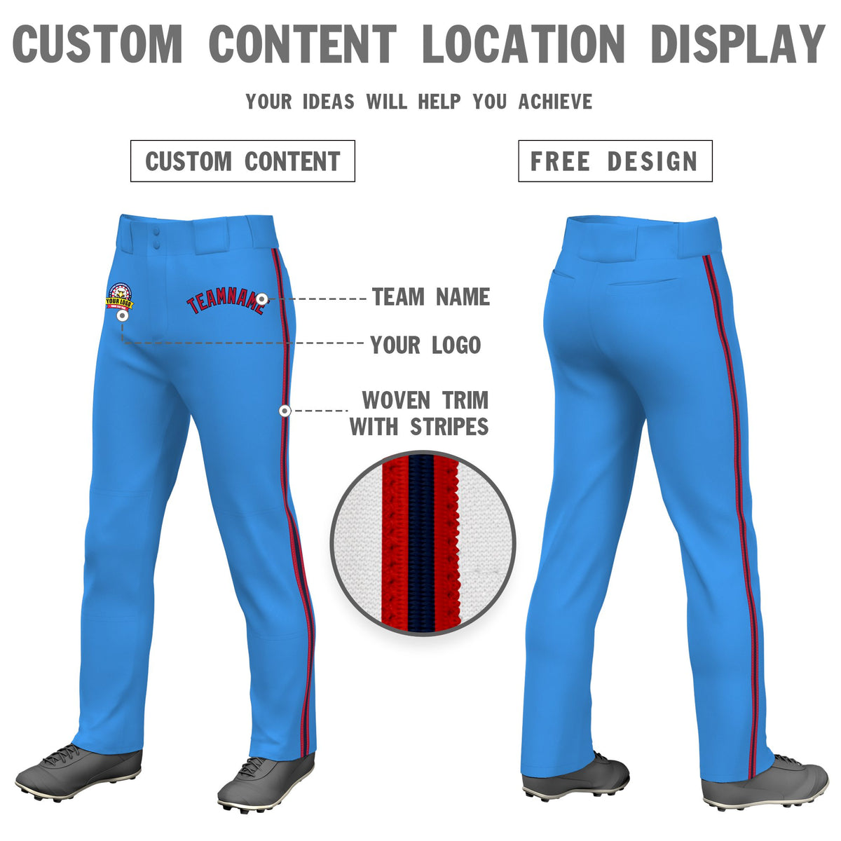 Custom Powder Blue Red Navy-Red Classic Fit Stretch Practice Loose-fit Baseball Pants