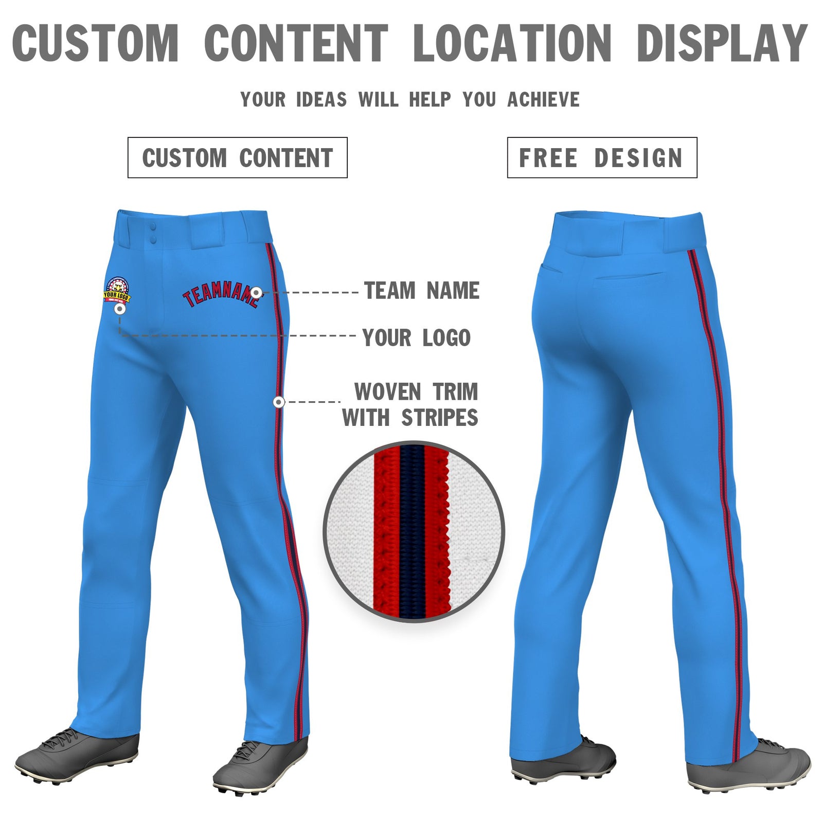 Custom Powder Blue Red Navy-Red Classic Fit Stretch Practice Loose-fit Baseball Pants