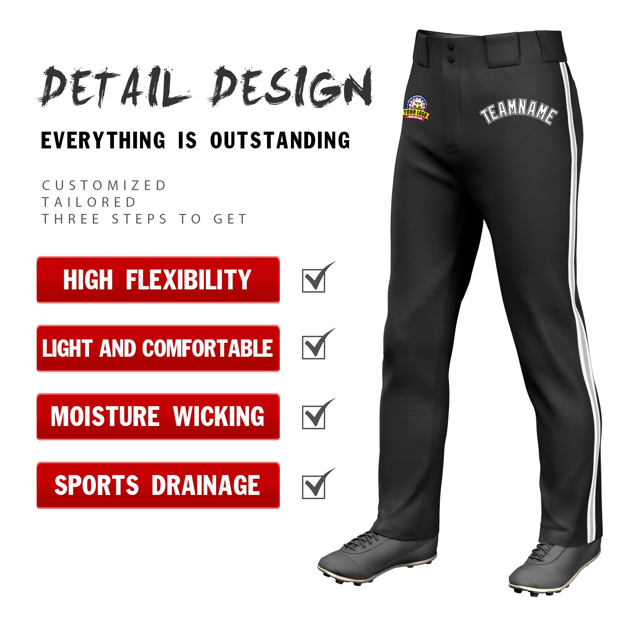 Custom Black White Gray-White Classic Fit Stretch Practice Loose-fit Baseball Pants