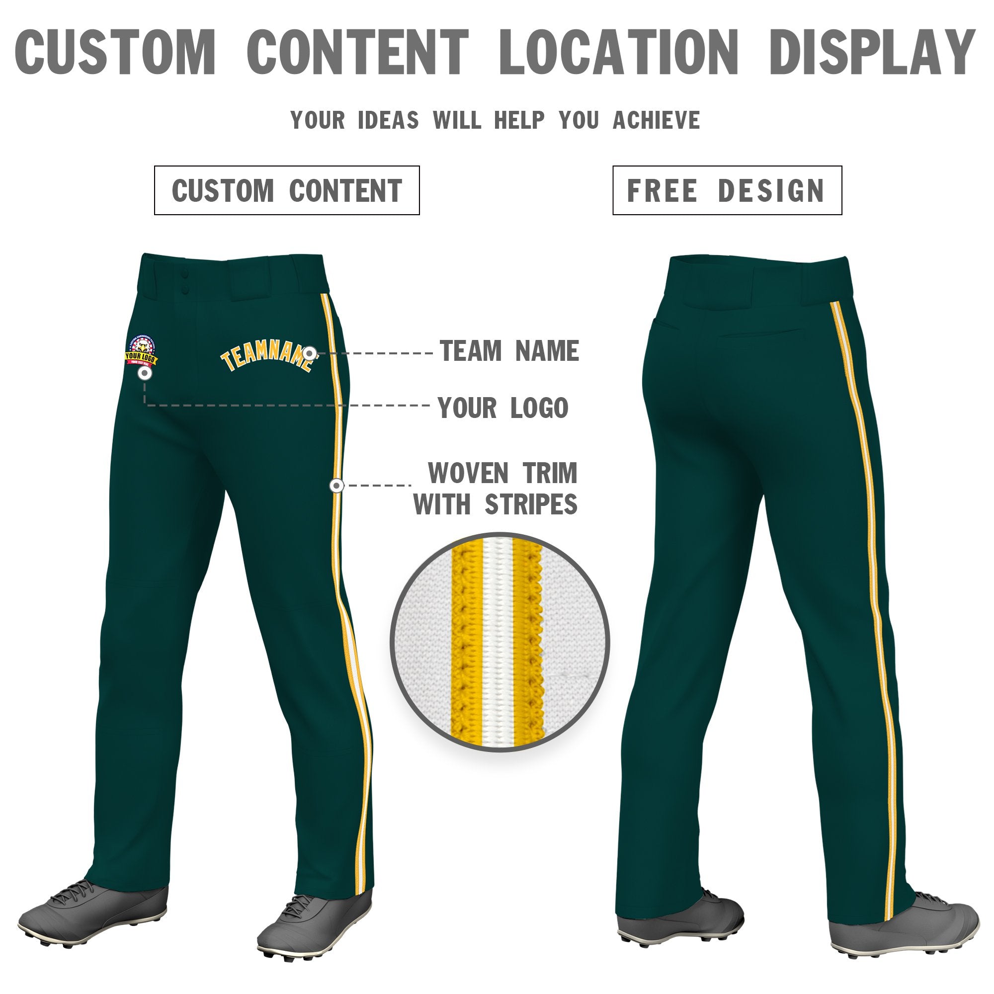 Custom Midnight Green Gold01 White-Gold01 Classic Fit Stretch Practice Loose-fit Baseball Pants