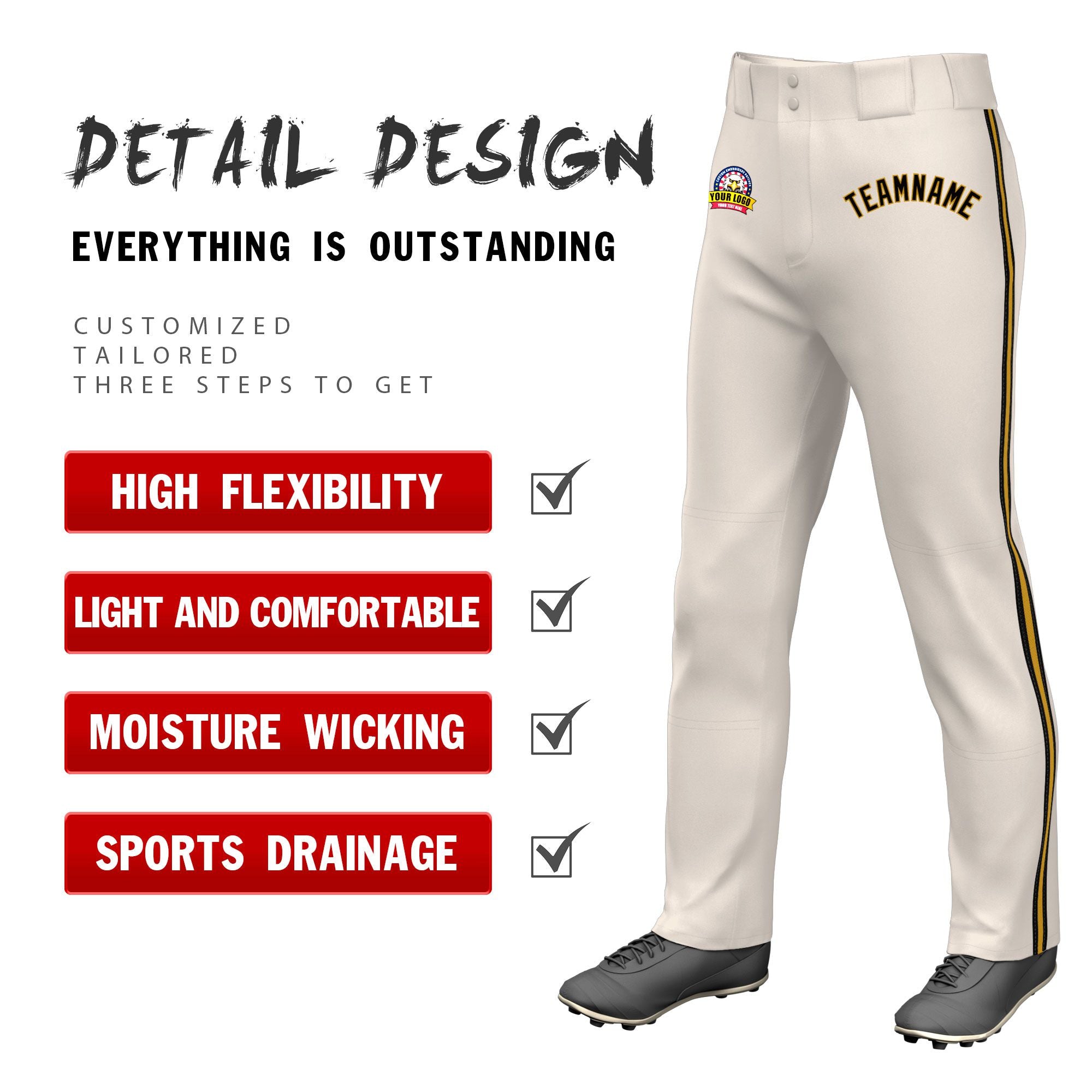 Custom Khaki Black Old Gold-Black Classic Fit Stretch Practice Loose-fit Baseball Pants