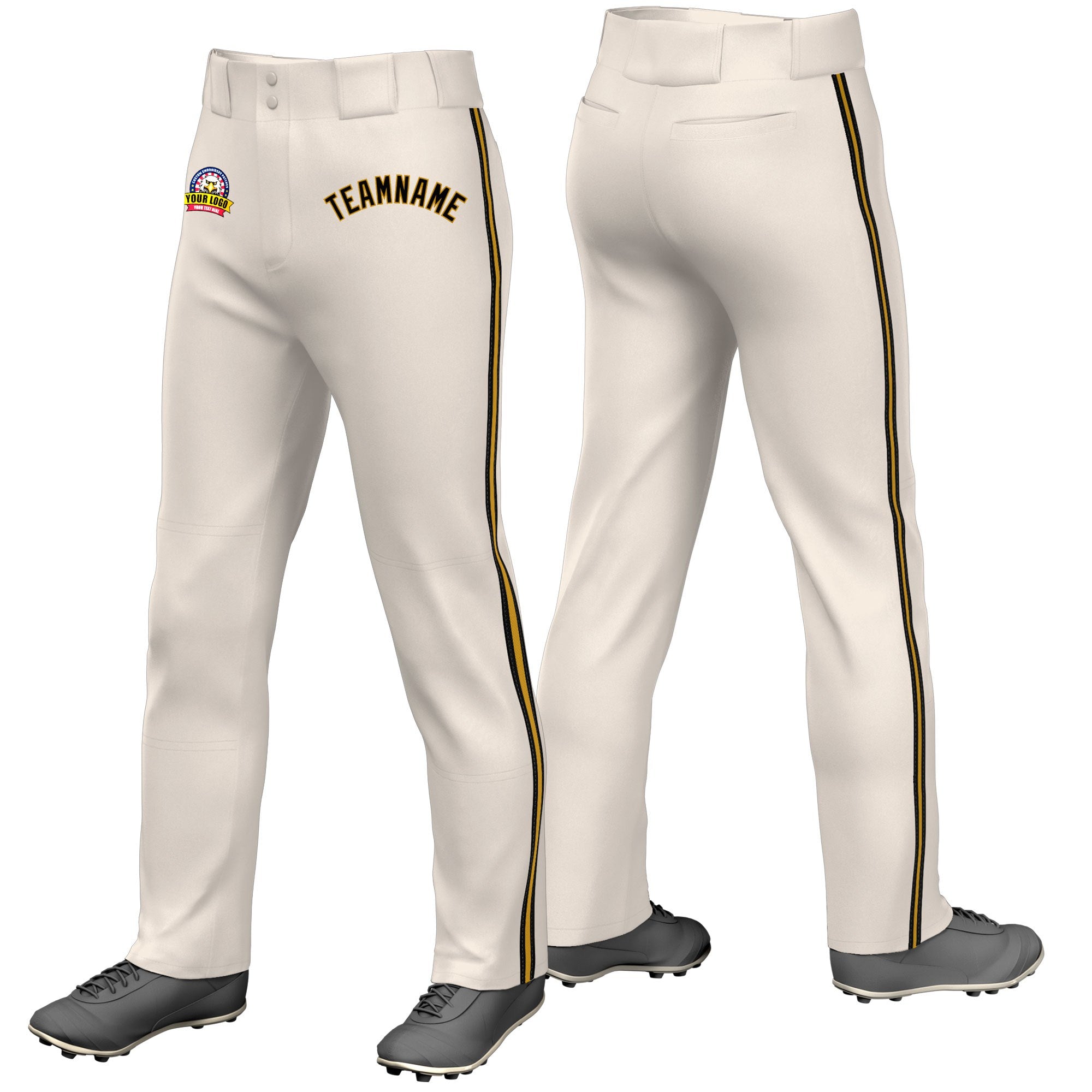 Custom Khaki Black Old Gold-Black Classic Fit Stretch Practice Loose-fit Baseball Pants