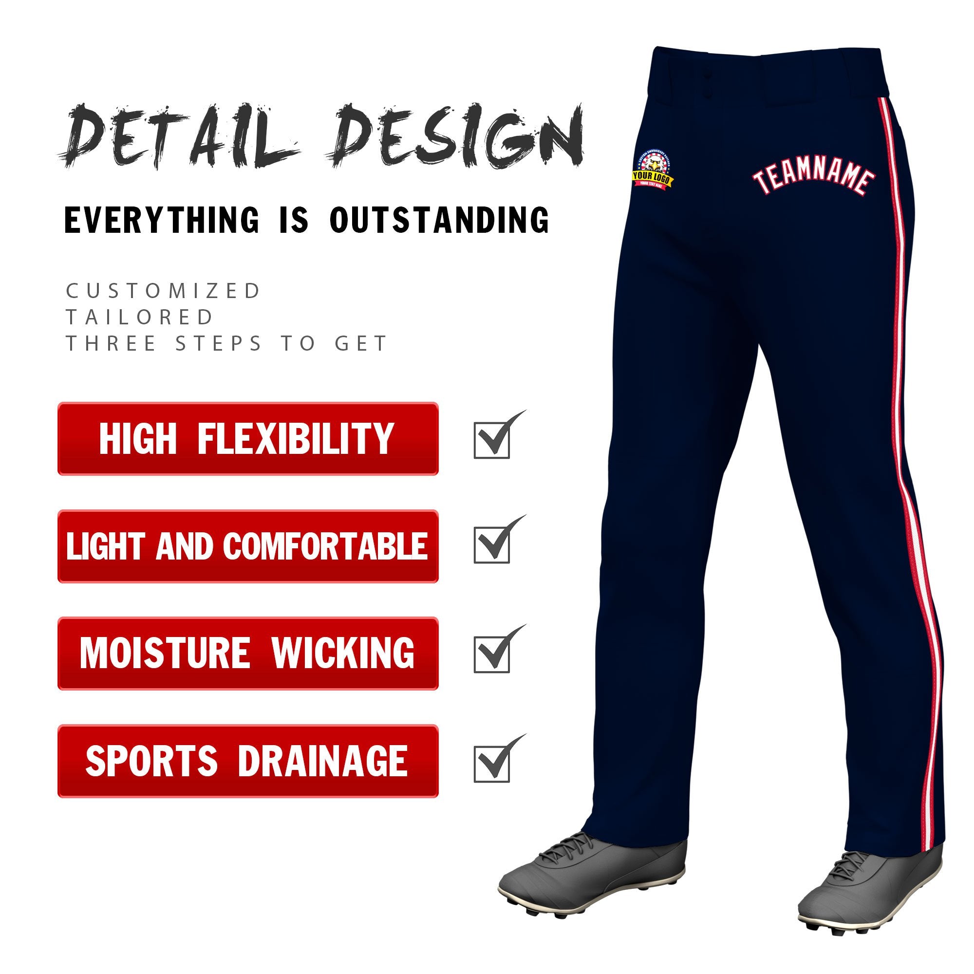 Custom Navy Red White-Red Classic Fit Stretch Practice Loose-fit Baseball Pants