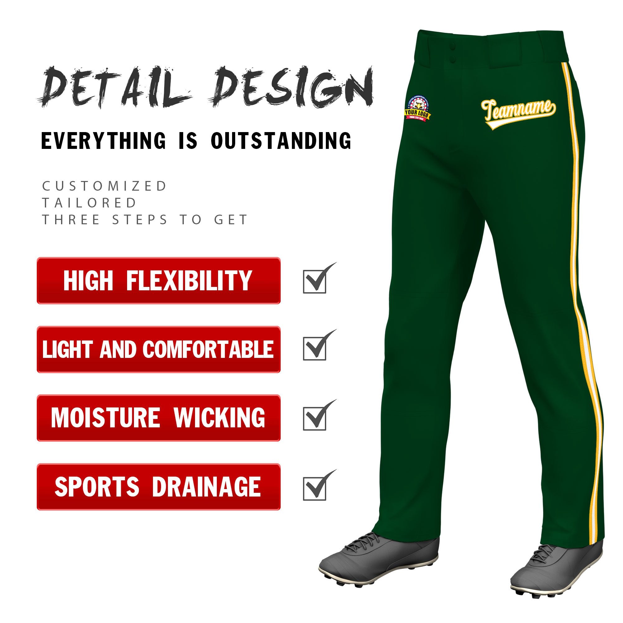 Custom Green Gold01 White-Gold01 Classic Fit Stretch Practice Loose-fit Baseball Pants