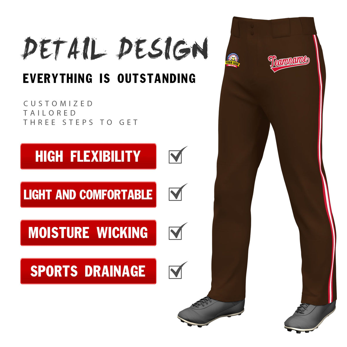 Custom Brown Red White-Red Classic Fit Stretch Practice Loose-fit Baseball Pants