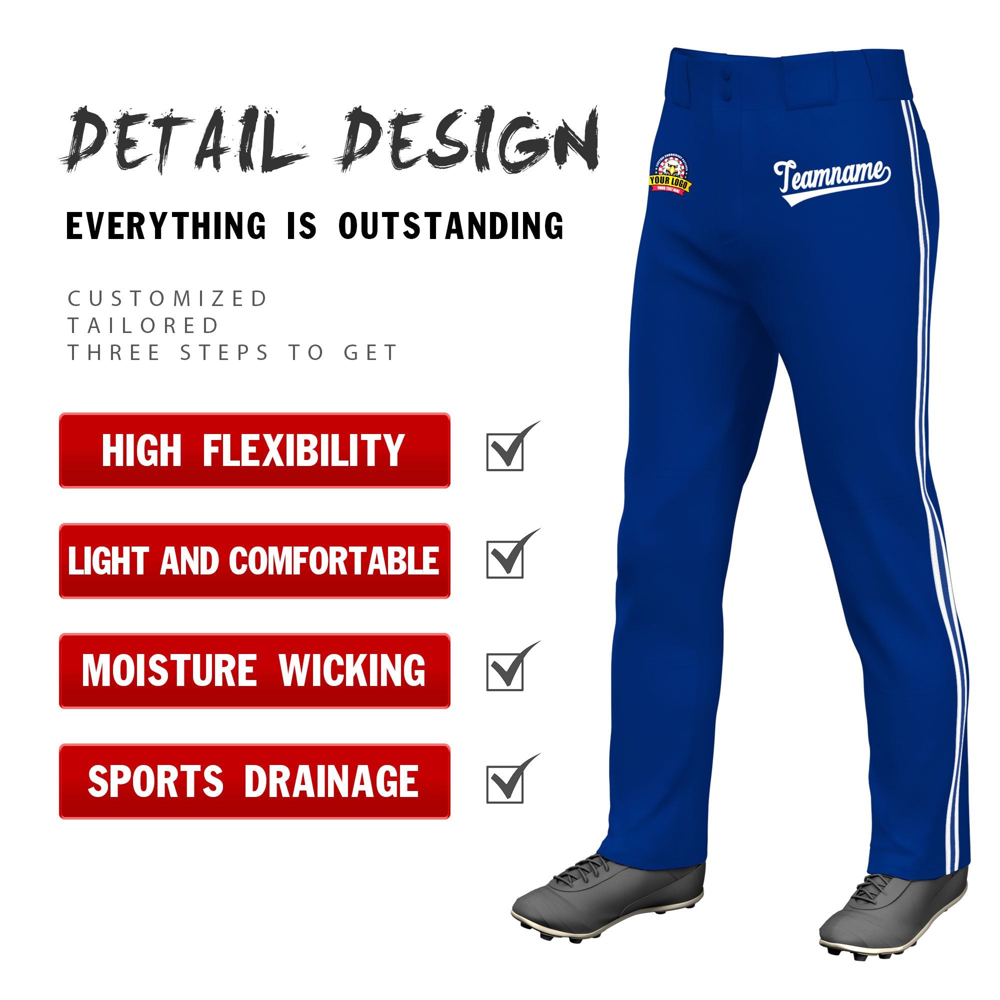 Custom Royal Blue White Royal Blue-White Classic Fit Stretch Practice Loose-fit Baseball Pants