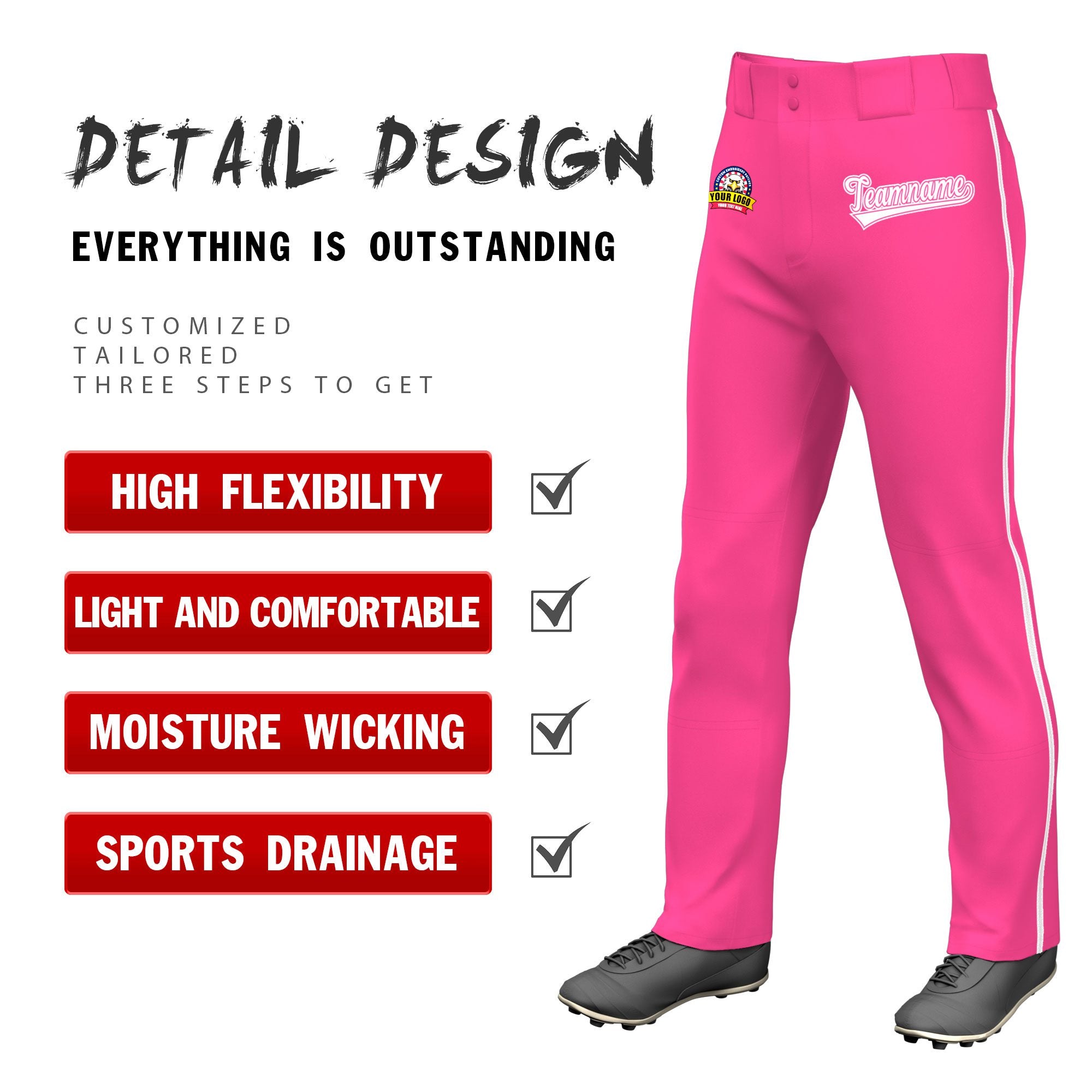 Custom Pink White Classic Fit Stretch Practice Loose-fit Baseball Pants