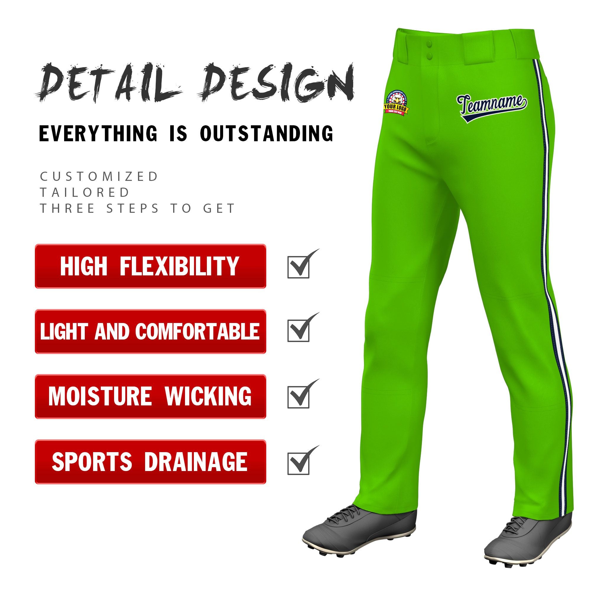 Custom Neon Green Navy White-Navy Classic Fit Stretch Practice Loose-fit Baseball Pants