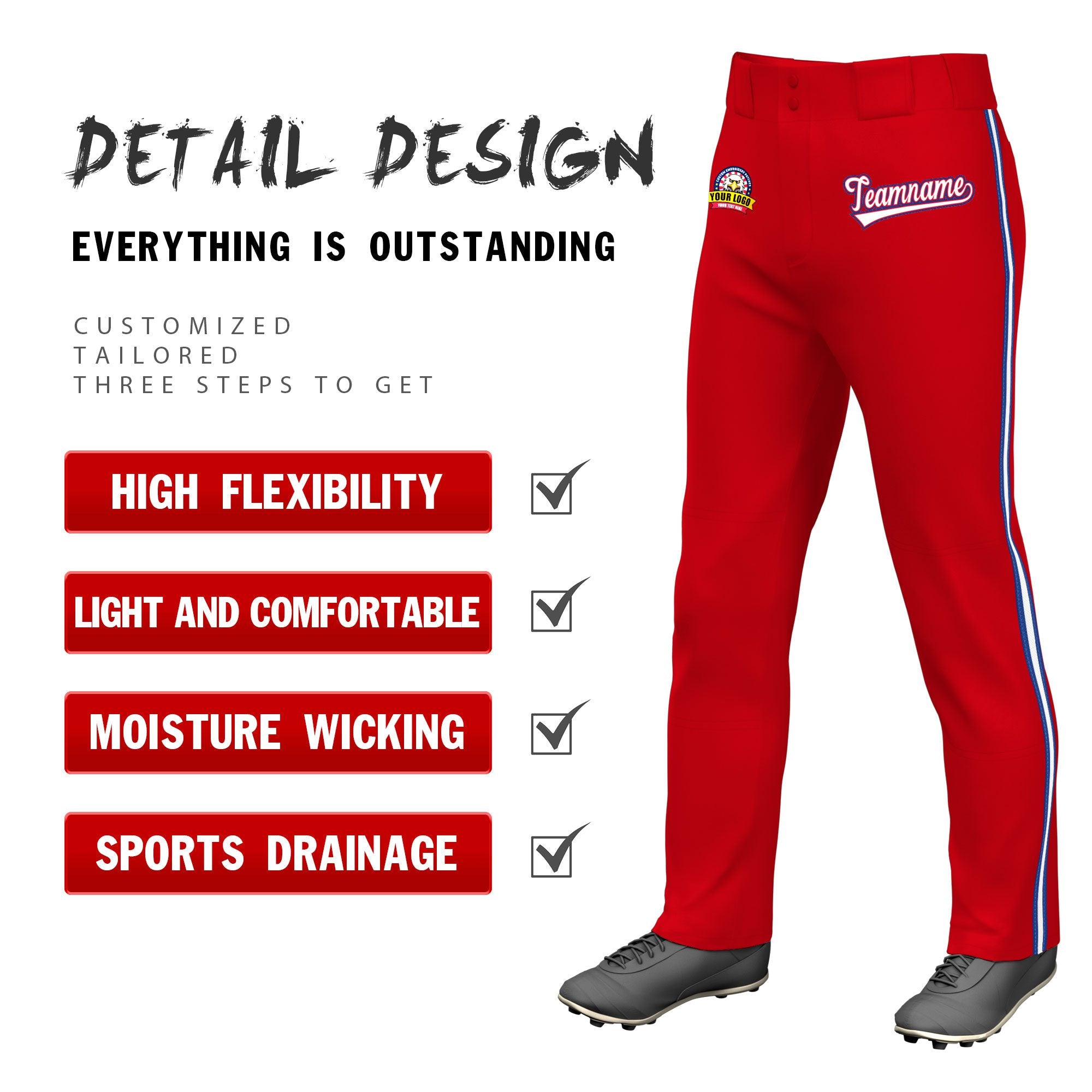 Custom Red Royal Blue White-Royal Blue Classic Fit Stretch Practice Loose-fit Baseball Pants