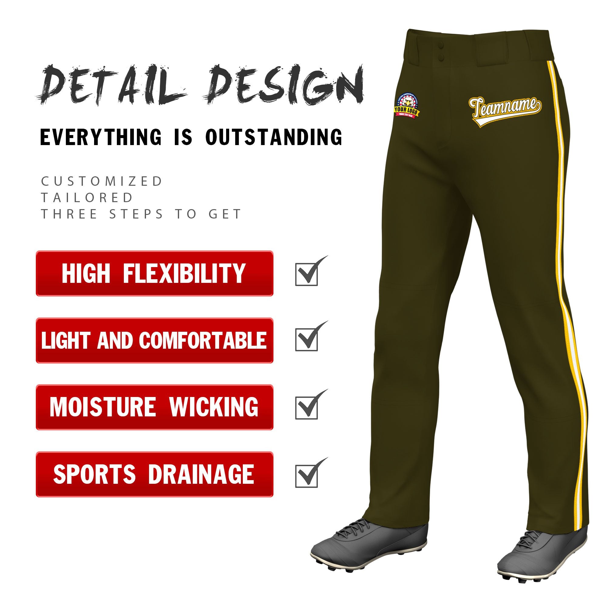 Custom Olive Gold01 White-Gold01 Classic Fit Stretch Practice Loose-fit Baseball Pants