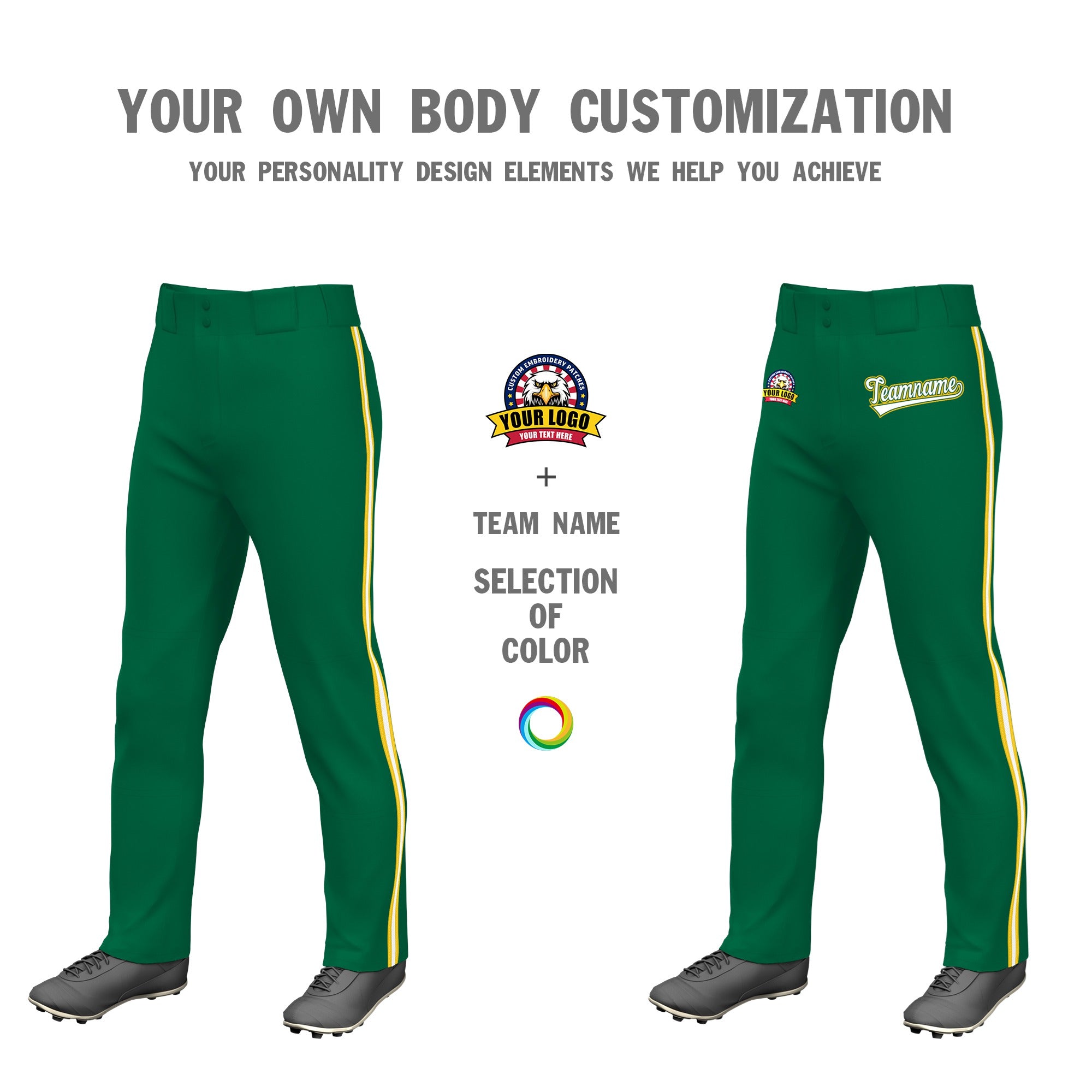 Custom Kelly Green Gold01 White-Gold01 Classic Fit Stretch Practice Loose-fit Baseball Pants