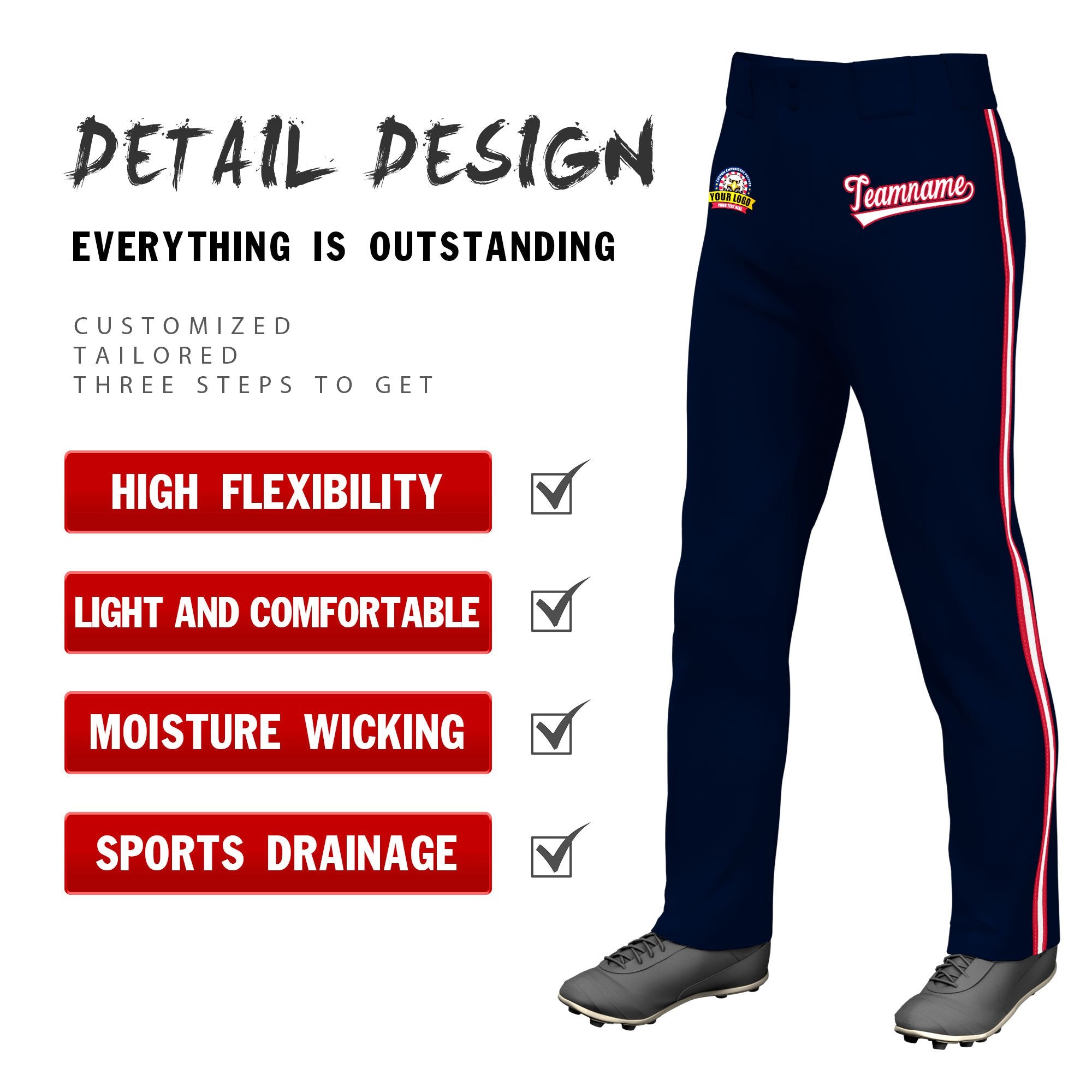 Custom Navy Red White-Red Classic Fit Stretch Practice Loose-fit Baseball Pants