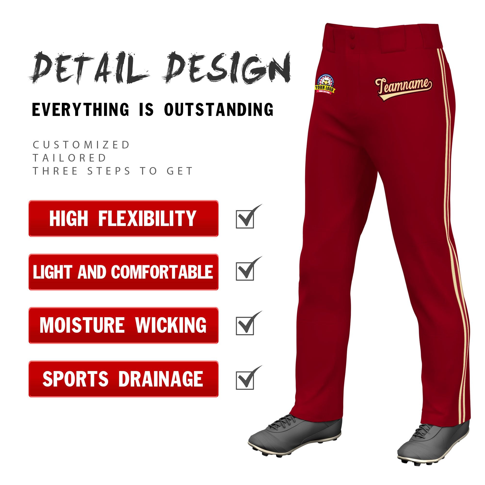 Custom Crimson Khaki Crimson-Khaki Classic Fit Stretch Practice Loose-fit Baseball Pants