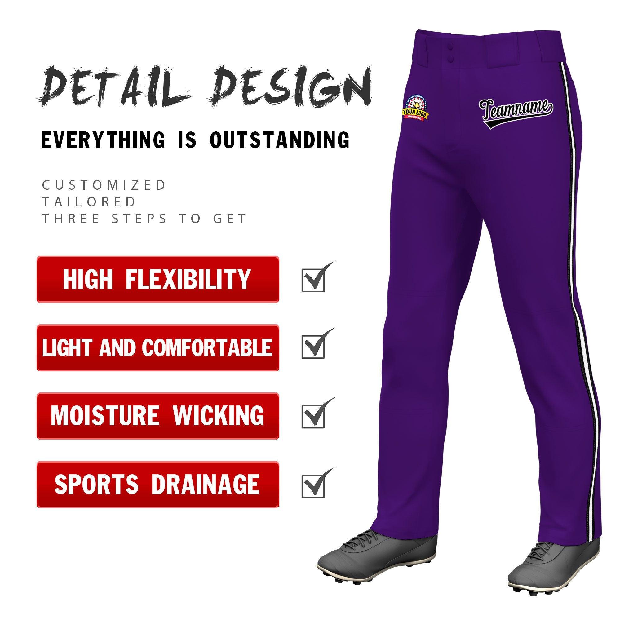 Custom Purple Black White-Black Classic Fit Stretch Practice Loose-fit Baseball Pants