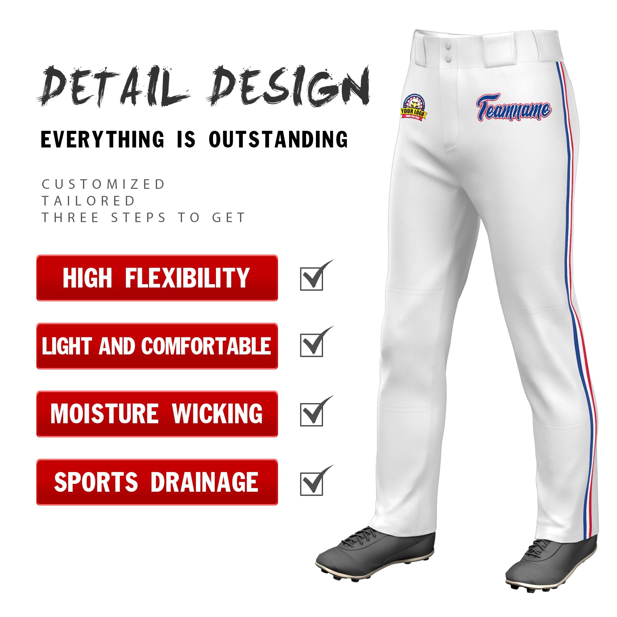 Custom White Royal Blue White-Red Classic Fit Stretch Practice Loose-fit Baseball Pants