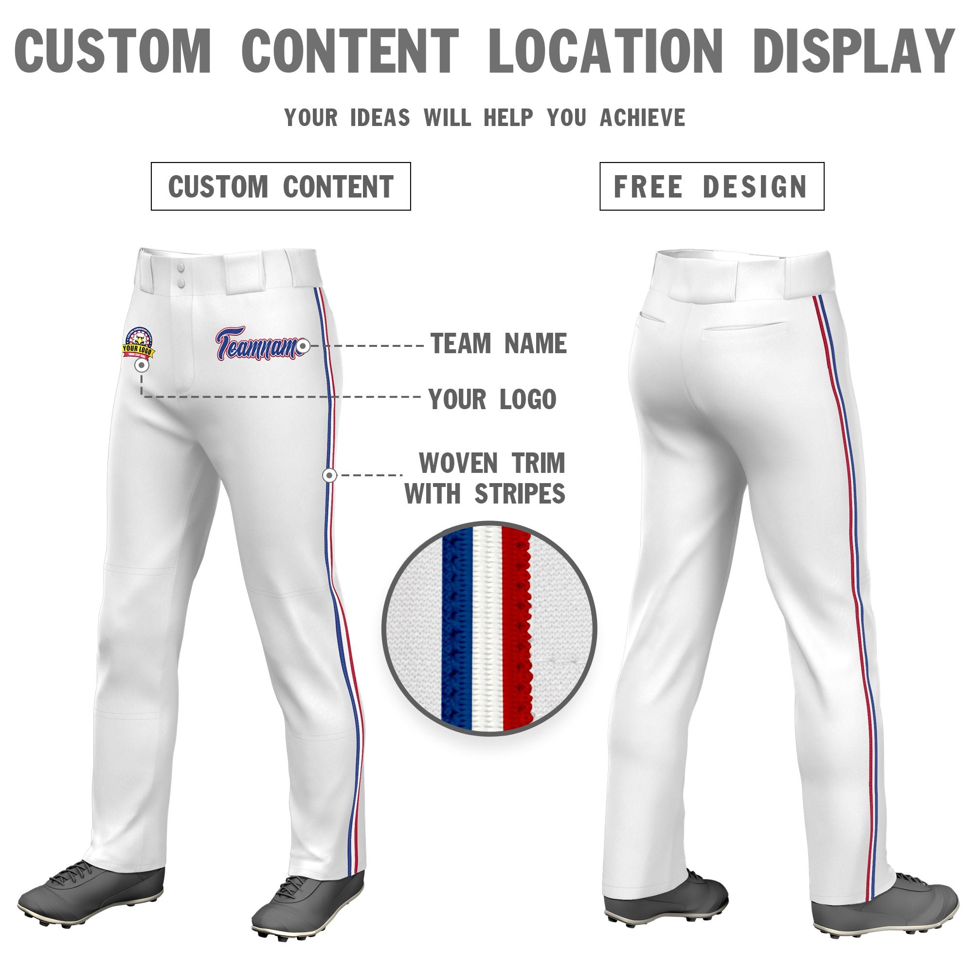 Custom White Royal Blue White-Red Classic Fit Stretch Practice Loose-fit Baseball Pants