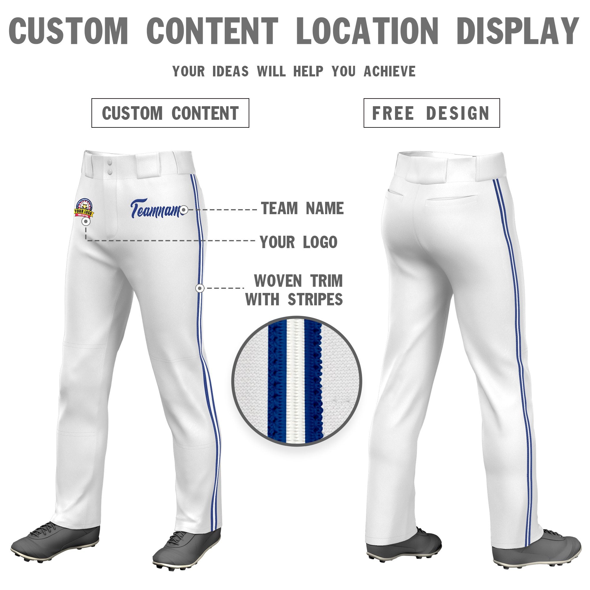 Custom White Royal Blue White-Royal Blue Classic Fit Stretch Practice Loose-fit Baseball Pants