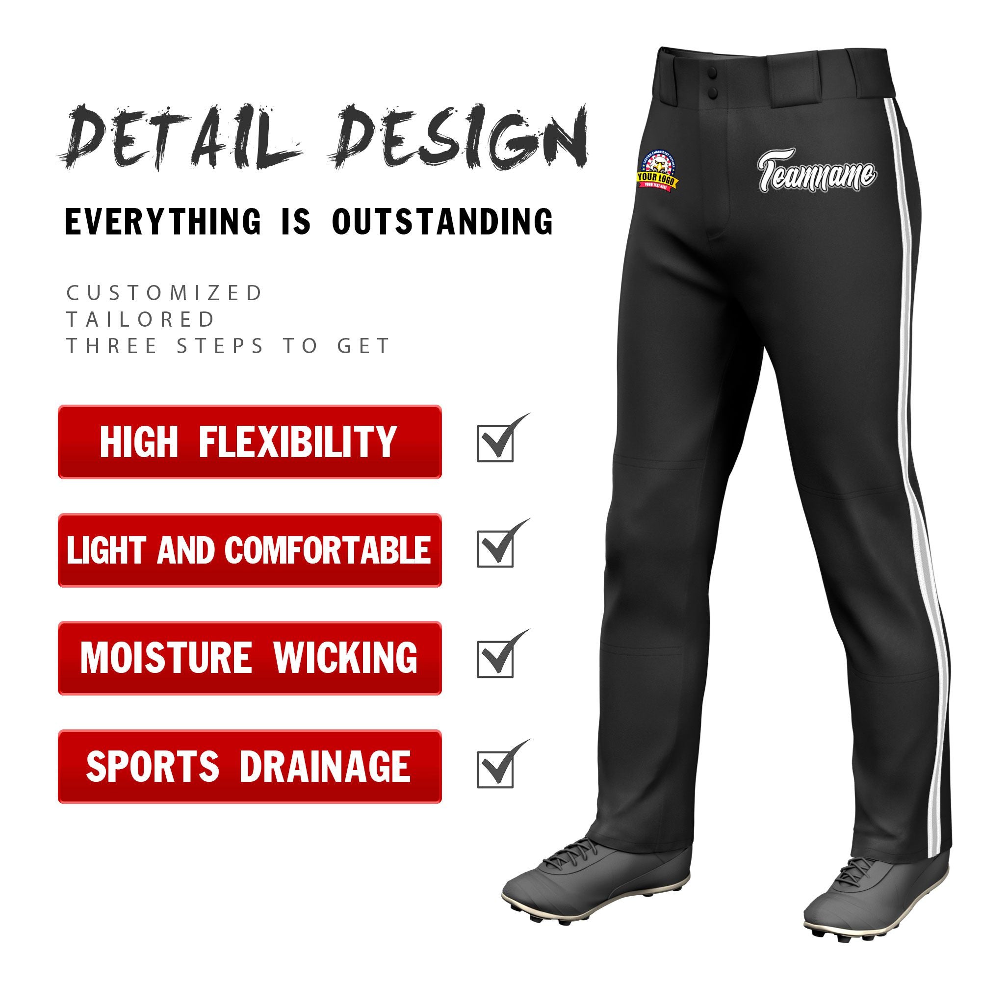 Custom Black White Gray-White Classic Fit Stretch Practice Loose-fit Baseball Pants