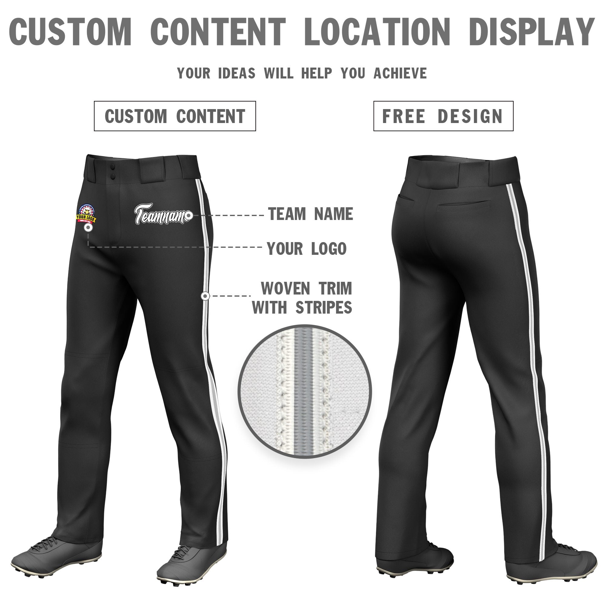 Custom Black White Gray-White Classic Fit Stretch Practice Loose-fit Baseball Pants