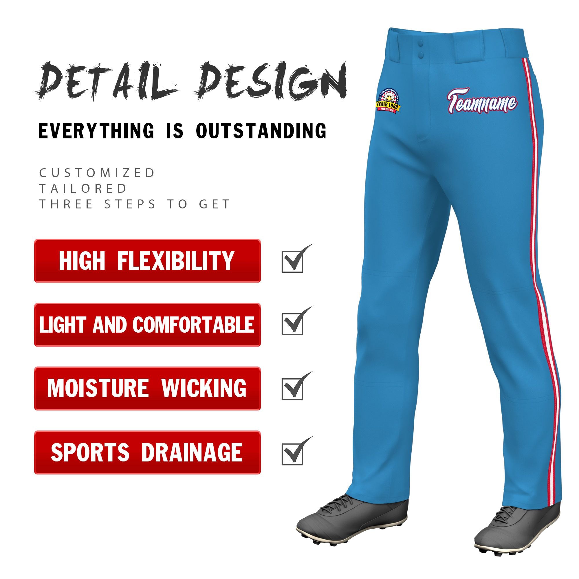 Custom Light Blue Red White-Red Classic Fit Stretch Practice Loose-fit Baseball Pants