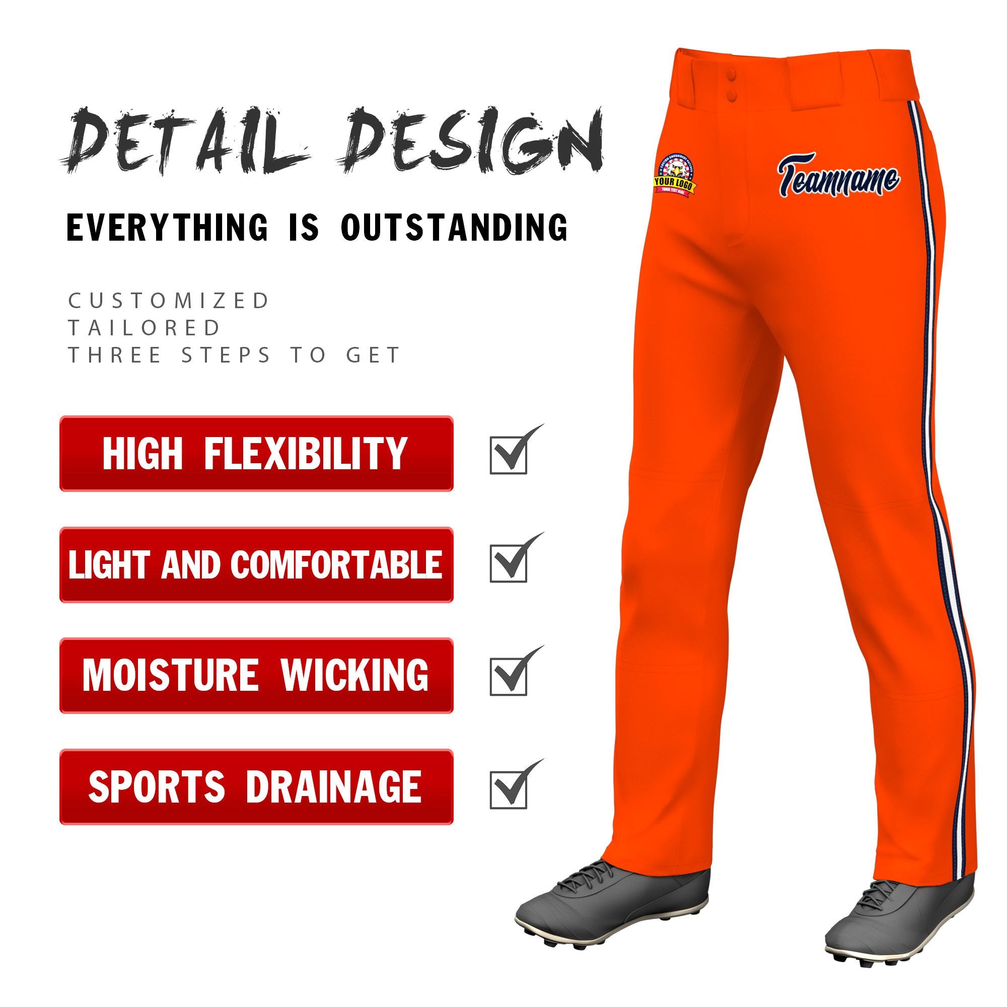 Custom Orange Navy White-Navy Classic Fit Stretch Practice Loose-fit Baseball Pants